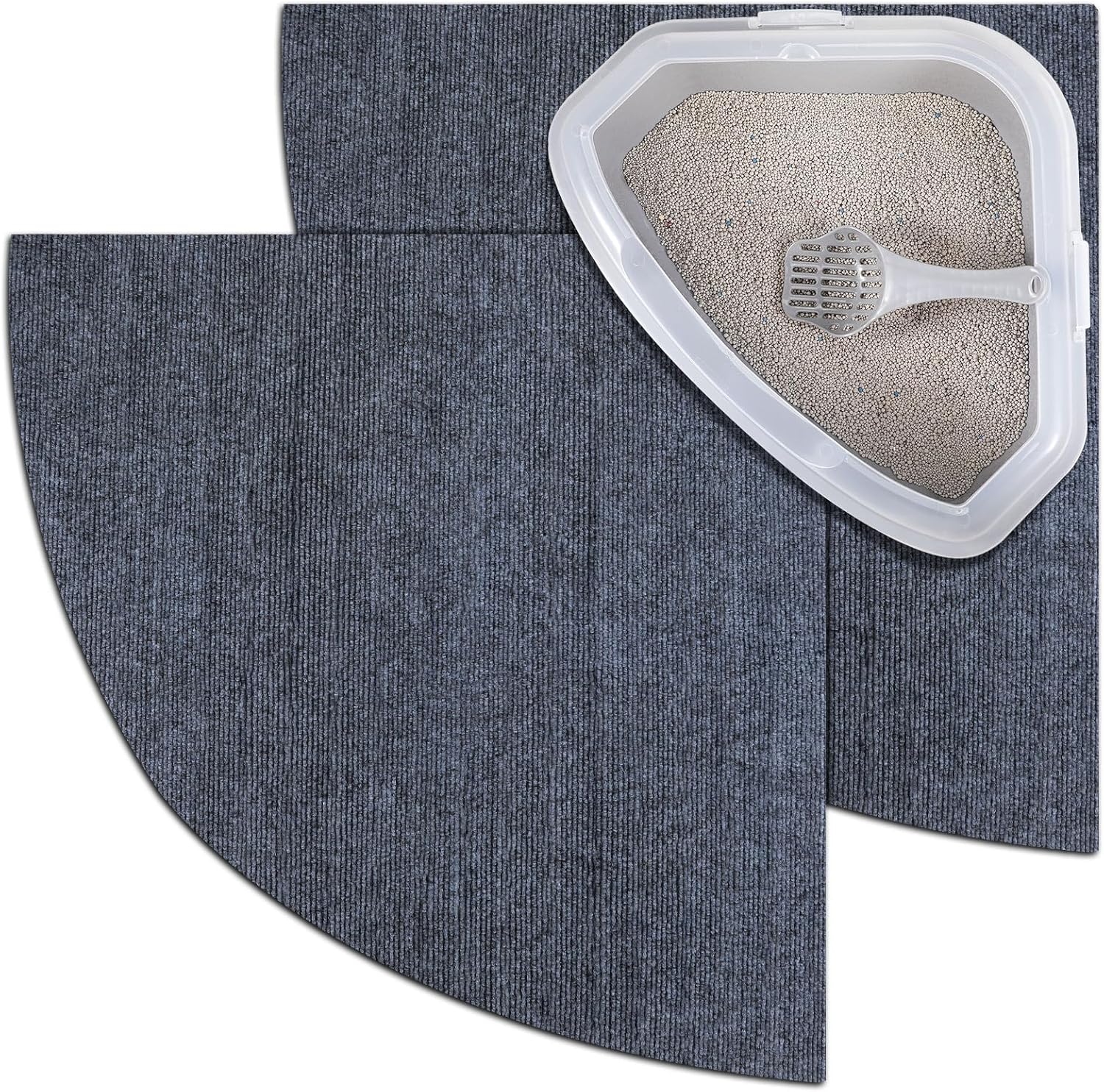 Tinideya 2 Pcs Corner Cat Litter Mat 29 Inch for Corner Machine Washable Litter Mat Ridged Design Fan Shaped Absorbent Cat Litter Rug for Box Less Waste Space(Gray)