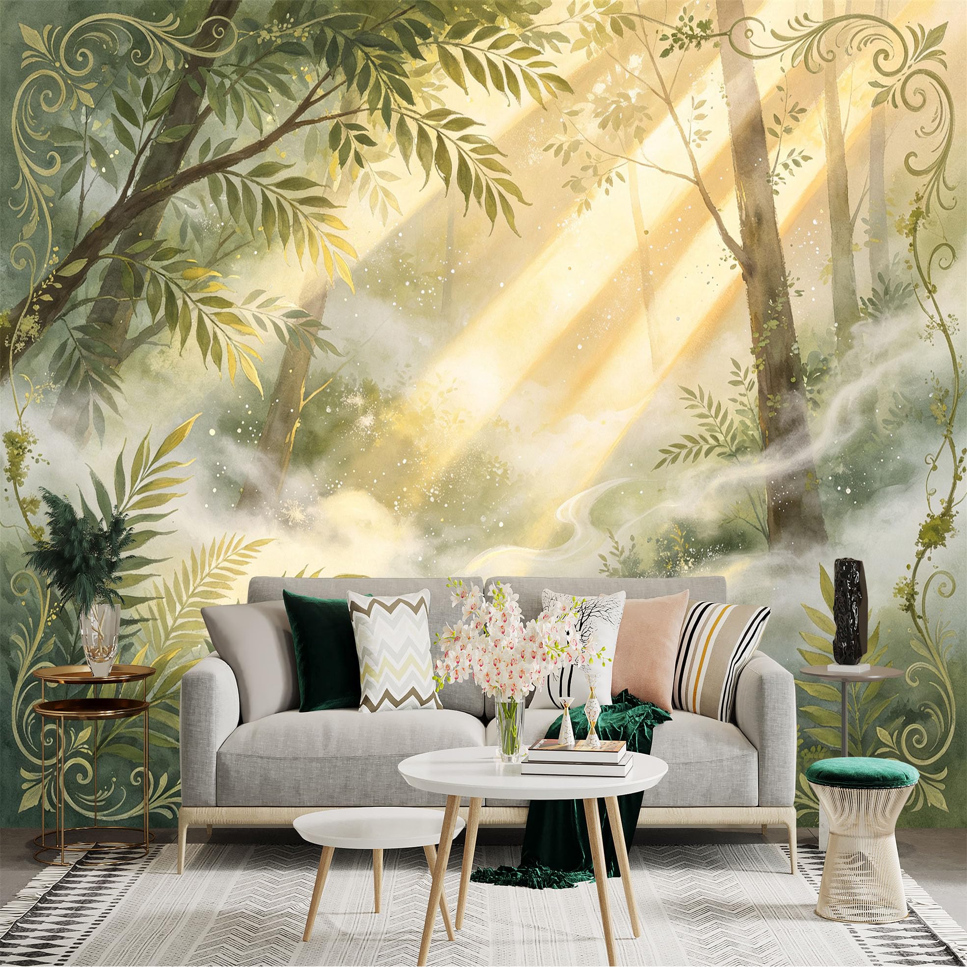 Custom Size Wall Sticker Mural， Misty Forest Sunlight Woodland Leaves Nature Landscape， for wall Decoration， peelandstick wall Decals.