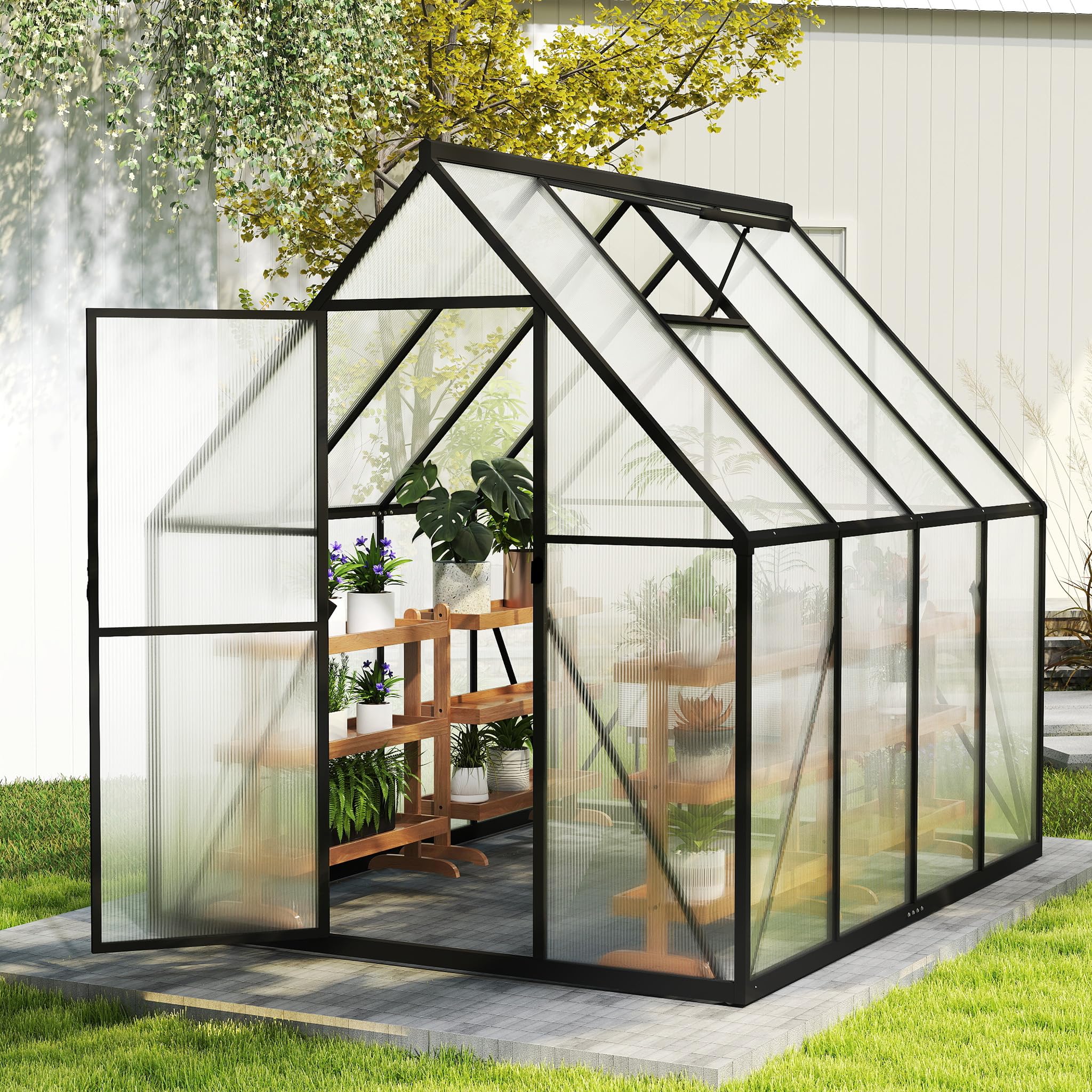 Aluminium Gewächshaus 6x8FT mit Fundamentrahmen & Belüftungsfenster, robustes Tomatenhaus wetterfest & rostfrei ideales Pflanzen- und Gemüsehaus für ganzjährige Anzucht Treibhaus 230x180x195cm