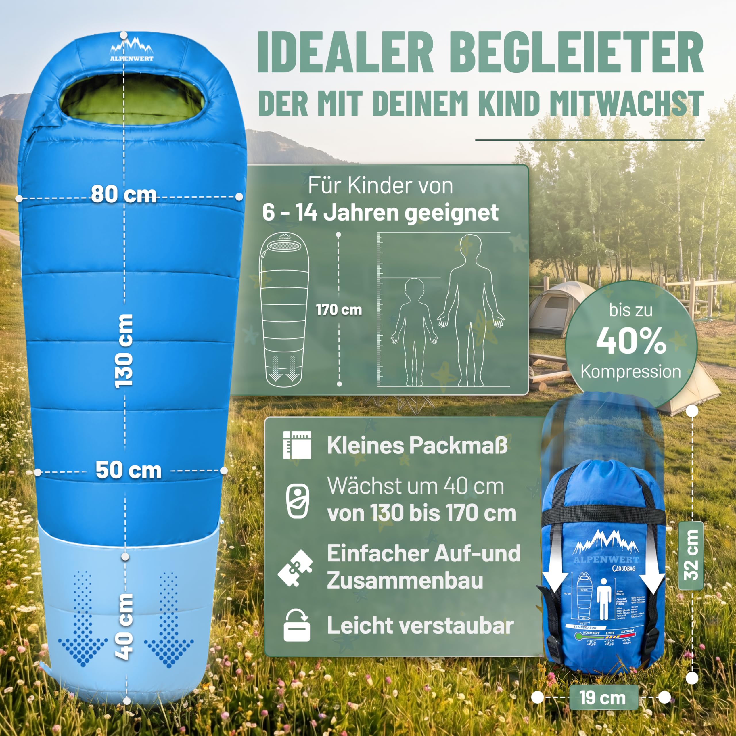 ALPENWERT® Kinderschlafsack Sommer – wächst mit! [130–170 cm] – Nur 920g, Kompakt [32×19 cm] – Perfekt für Camping, Festival, Outdoor – Mumienschlafsack ab 6 Jahren