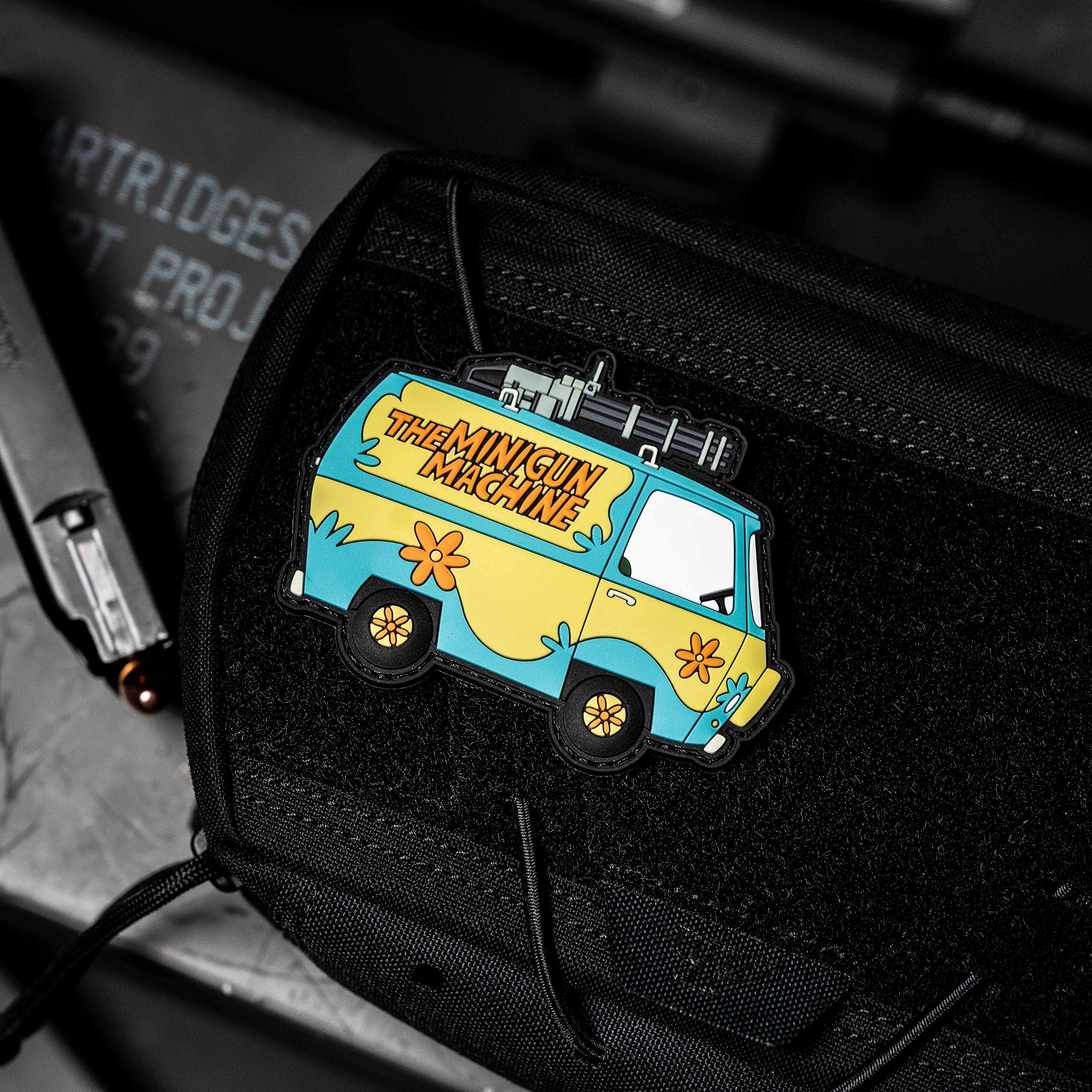 NEO Tactical Gear Minigun Machine Mystery Machine Parody PVC Rubber Morale Patch โ Hook Backed with Loop Attachment Piece That Can Be Sewn On