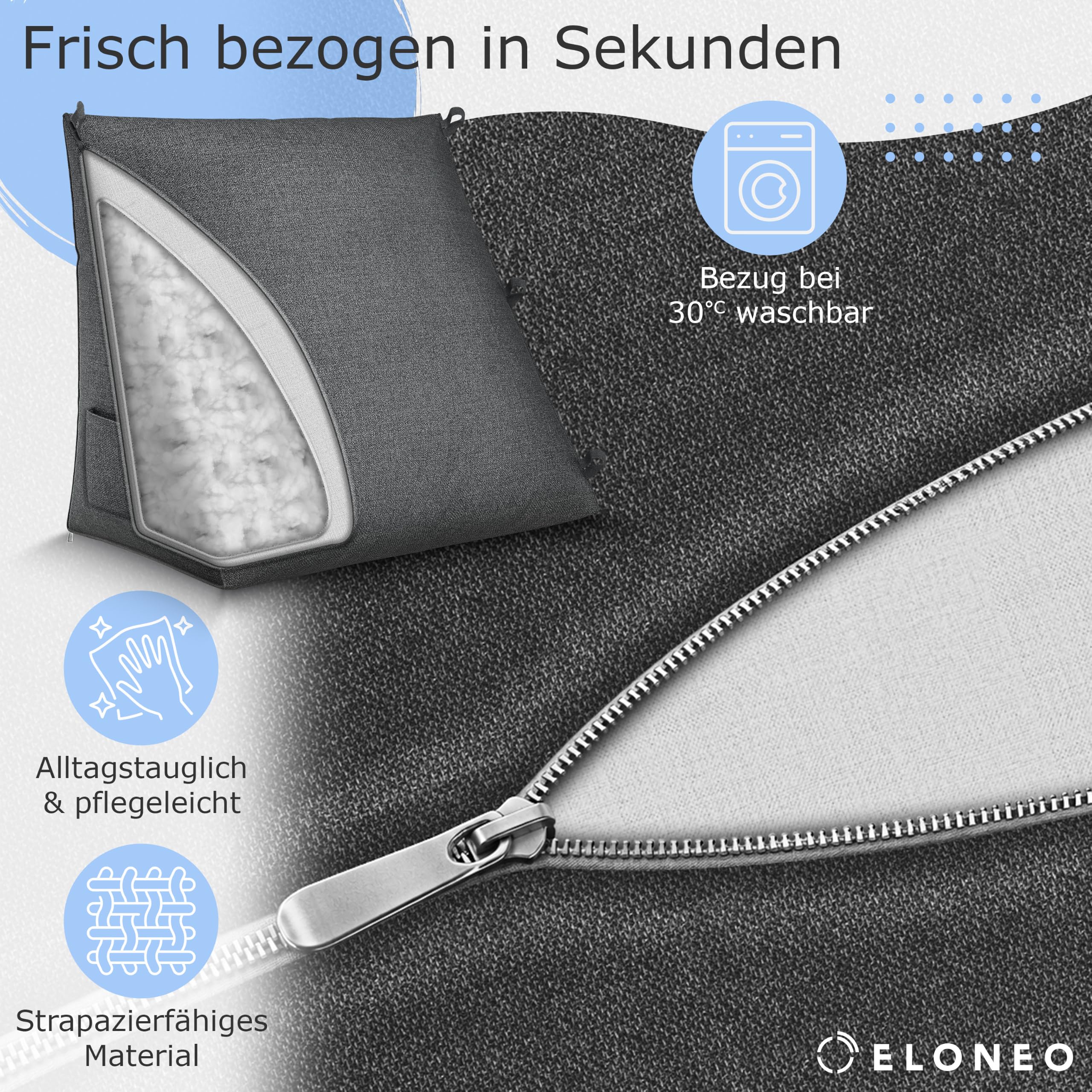 maxVitalis Rückenkissen Bett / Sofa mit Abnehmbarer Nackenrolle und Seitentasche, Rückenstützkissen mit Nackenkissen, Bezug waschbar, Lesekissen, Bücherkissen, Rückenlehne, 55×50×30 cm, Dunkelgrau