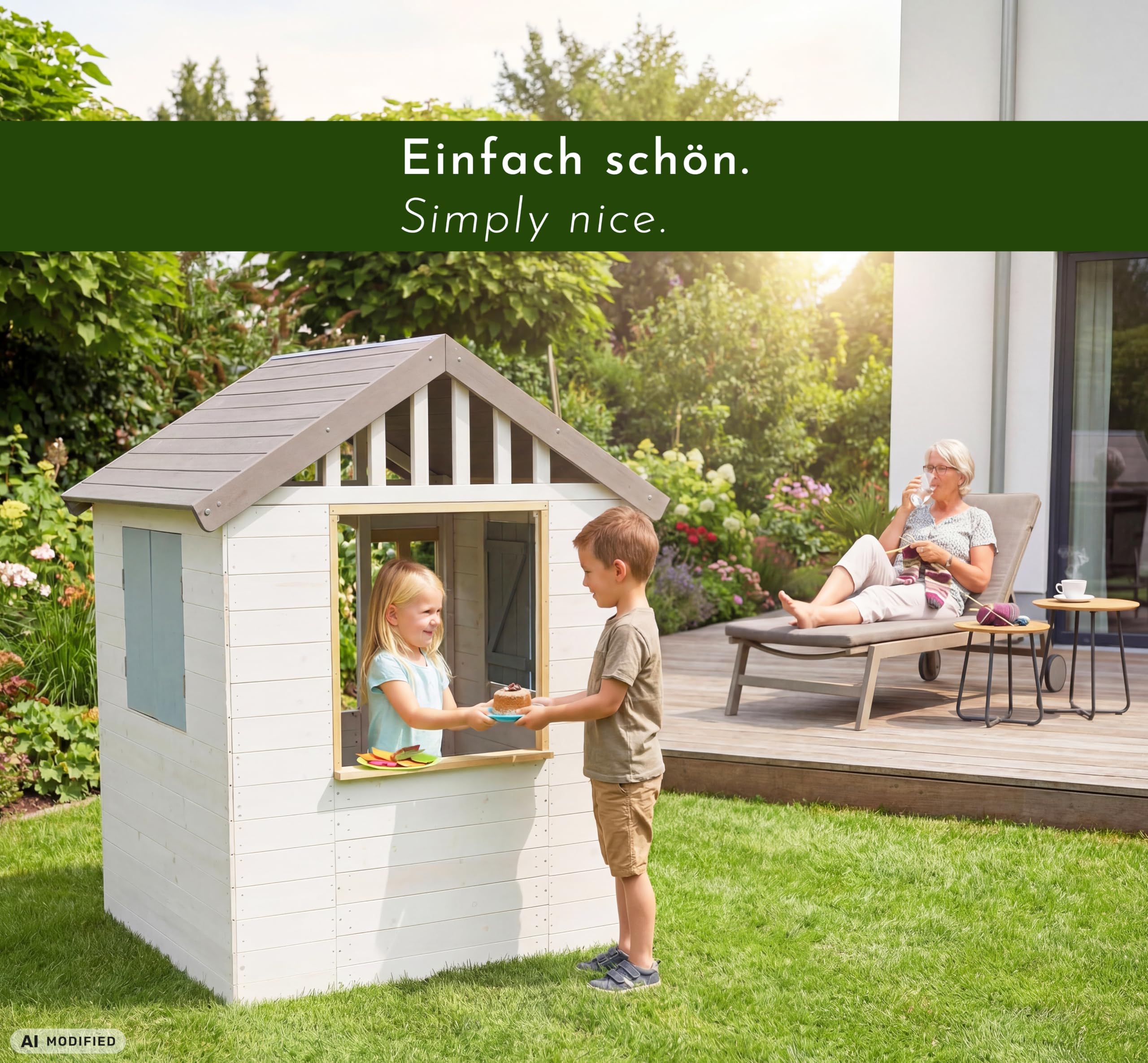 Design Kinder Spielhaus Holz mit 2 Pflanzkästen und magn. Tür + Fenster, Kinderspielhaus ab 3 Jahre Garten Outdoor draußen wetterfest klein hoch, Gartenhaus 115x101x130 cm, weiß grau bunt