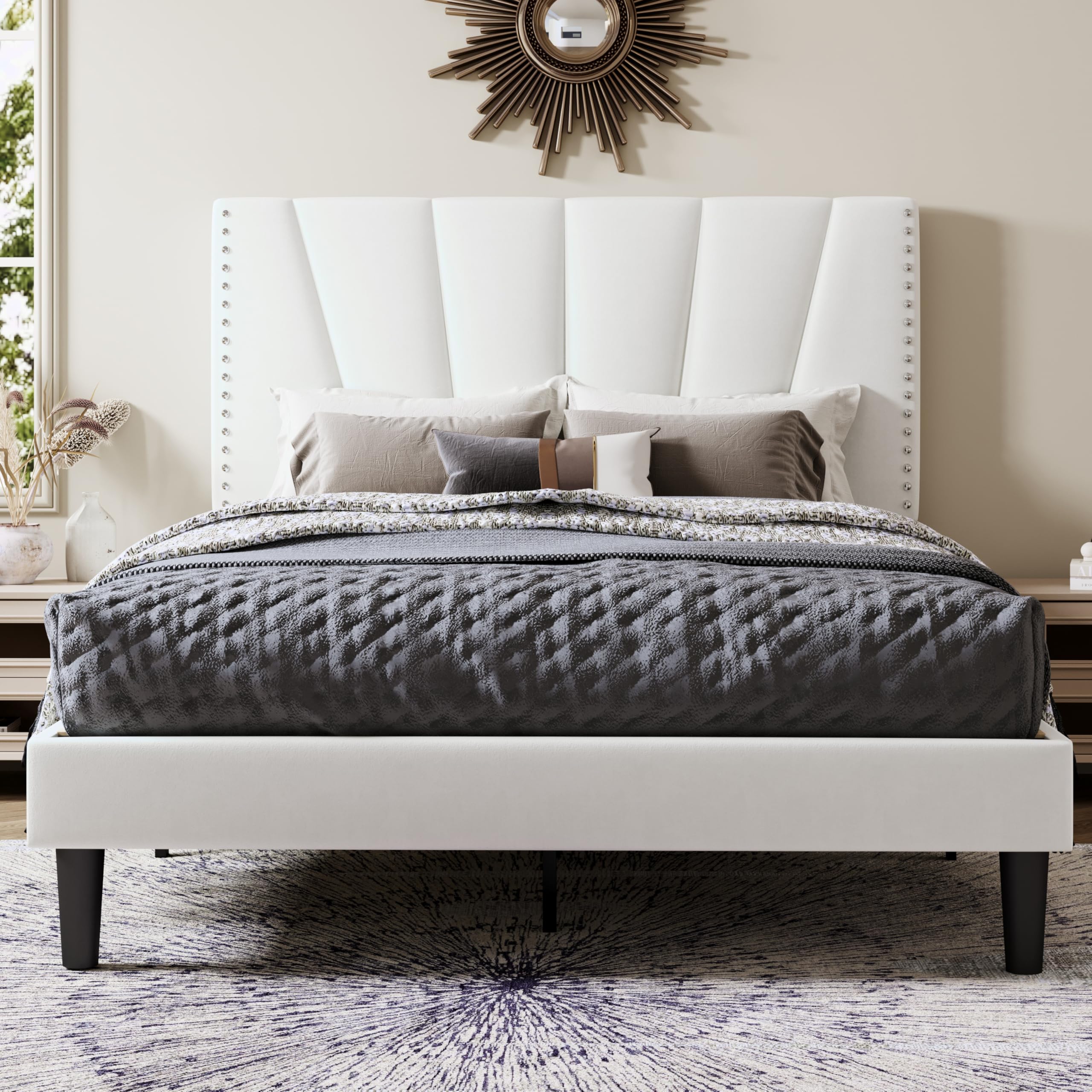 Allewie Queen Velvet Platform Bed Frame with Adjustable Headboard, White