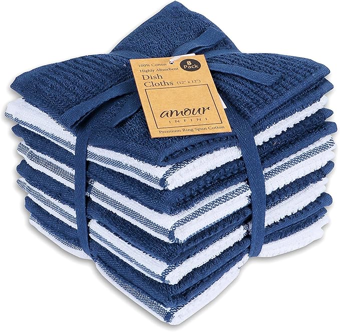 AMOUR INFINI Terry Dish Cloths Set of 8 - Highly Absorbent, Super Soft Kitchen Dishcloth - Reusable Quick Dry Dish Rags for Cleaning & Drying Dishes (12x12 Inch - Blue)