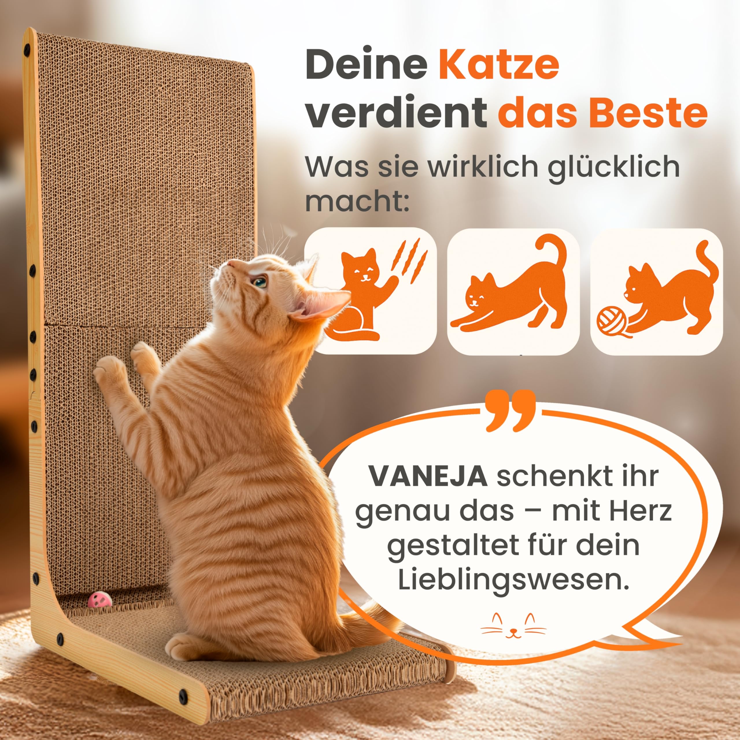 VANEJA Extra Großes Kratzbrett Für Katzen 70cm - L-Form Mit Ballspiel & Katzenminze