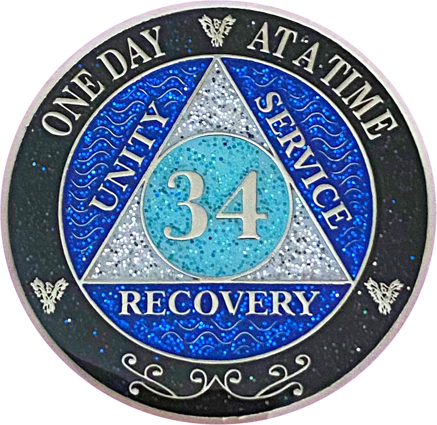 (Years 1-50) 17 Year AA Recovery Silver Color Plated Glitter Medallion, Black Rainbow, Blue, Silver Glitter Coin, Epoxy Covered (AA 17 Year Glitter Medallion)