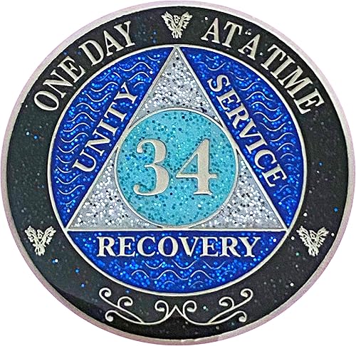 Miniatura 22 de (años 1-50) Medallón de purpurina plateado de recuperación AA de 47 años, arcoíris negro, azul, moneda de purpurina plateada, cubierta de epoxi