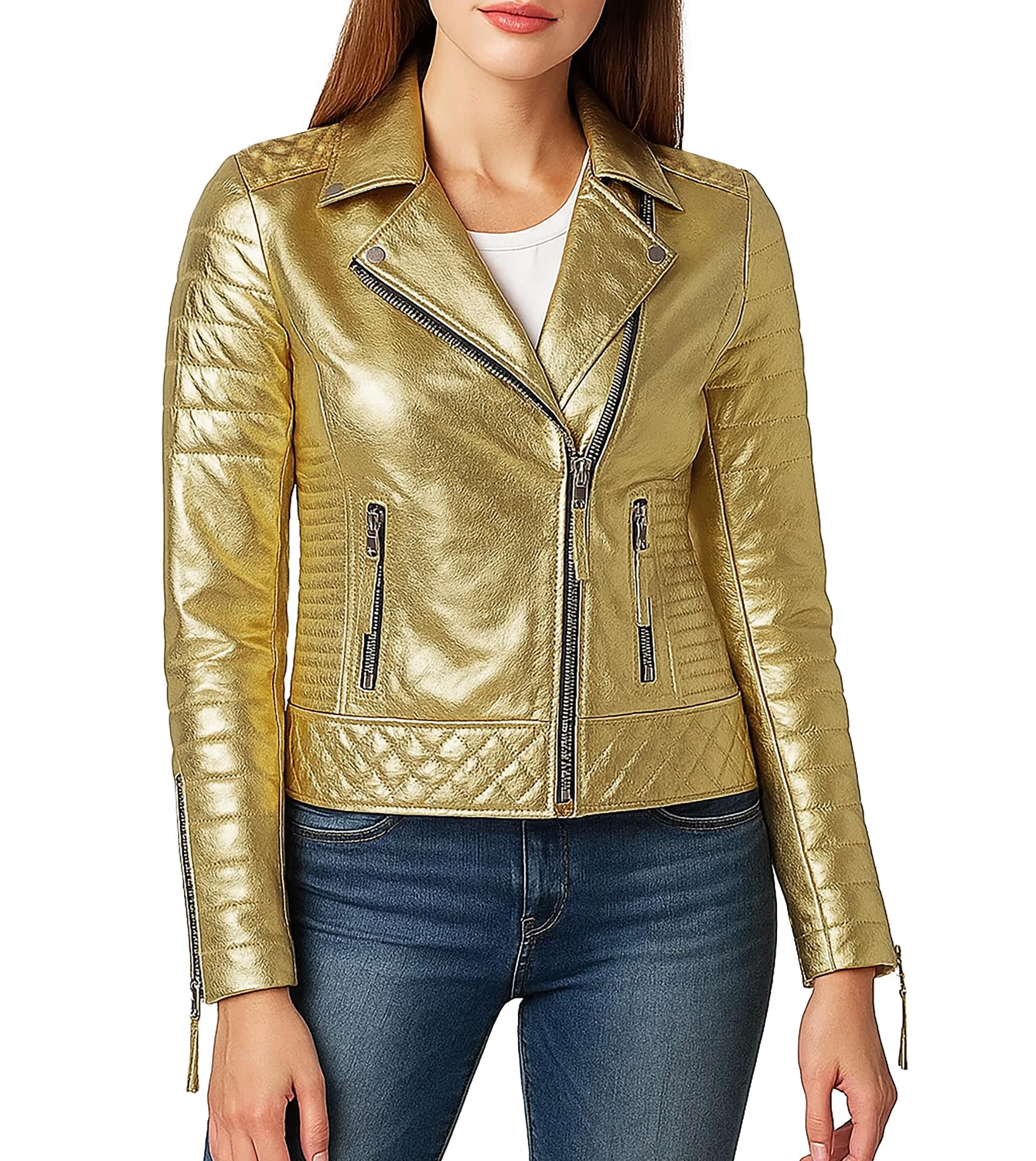 Fashion_First Womens Gold Metallic Punk Leather Jacket Ladies Brando Real Leather Biker Jacket