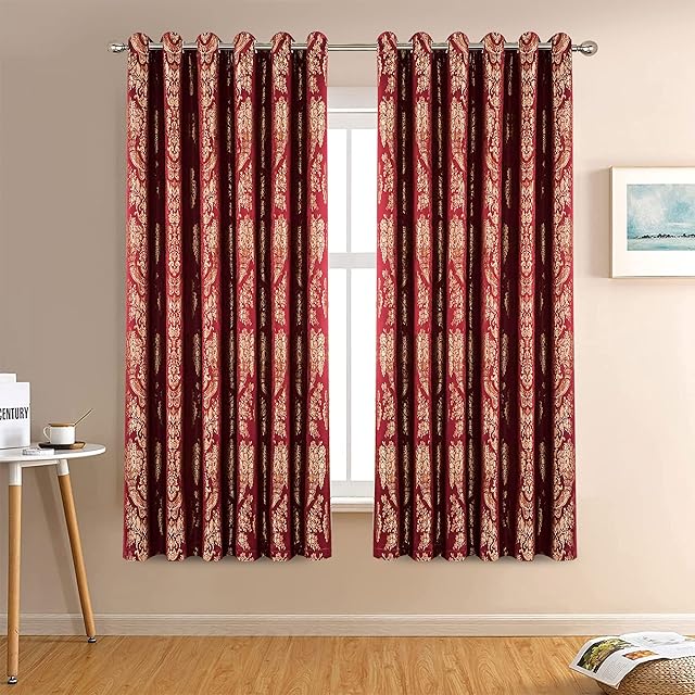 Hafaa Eyelet Curtains for Living Room - Fully Lined Jacquard Ring Top Short Window 2 Panel Curtain with Matching Tie Backs Pair - Sandra Gold Burgundy 46 x 54 Drop
