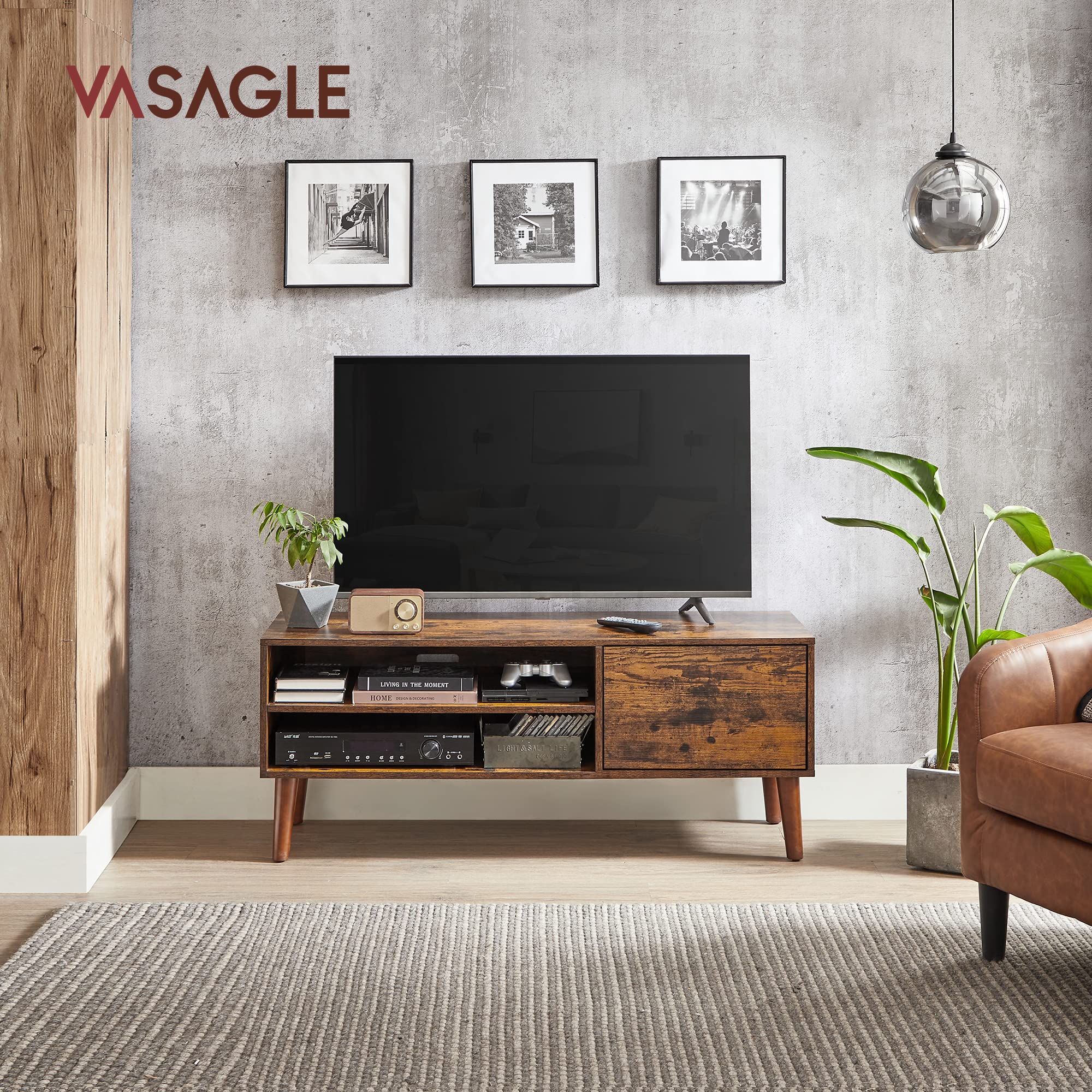 VASAGLE Mueble de TV, Mesa de TV, para televisores de hasta 55 Pulgadas, Largo de 120 cm, Centro de Entretenimiento, de Mediados de Siglo para Salón, Dormitorio, Marrón Rústico LTV120T01