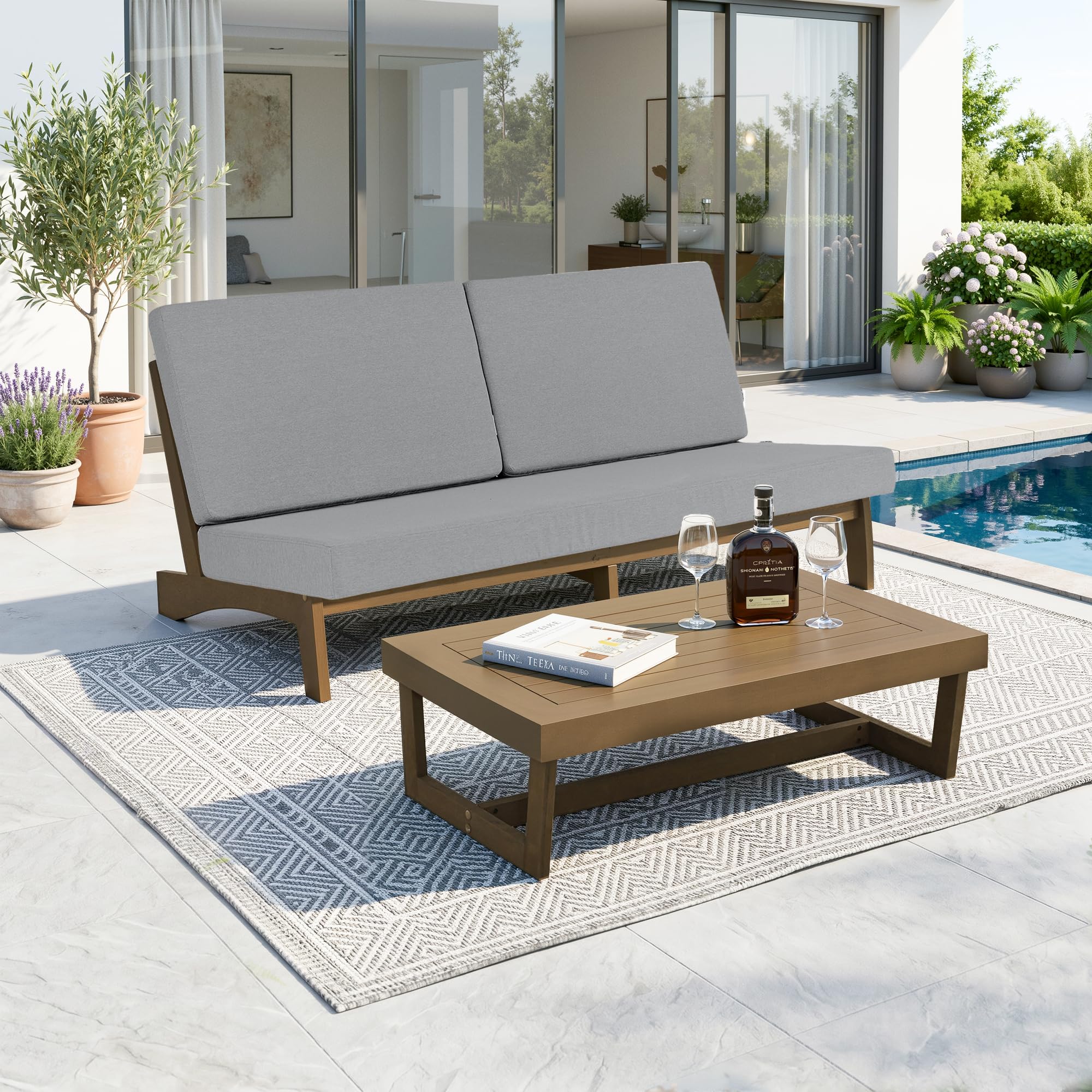 Pia Ricoo 2-Piece Patio Furniture Set, Outdoor Wood Sofa with Coffee Table, 4.5-Inch Thick Cushions, All-Weather Conversation Set for Backyard, Deck, Lawn - Gray