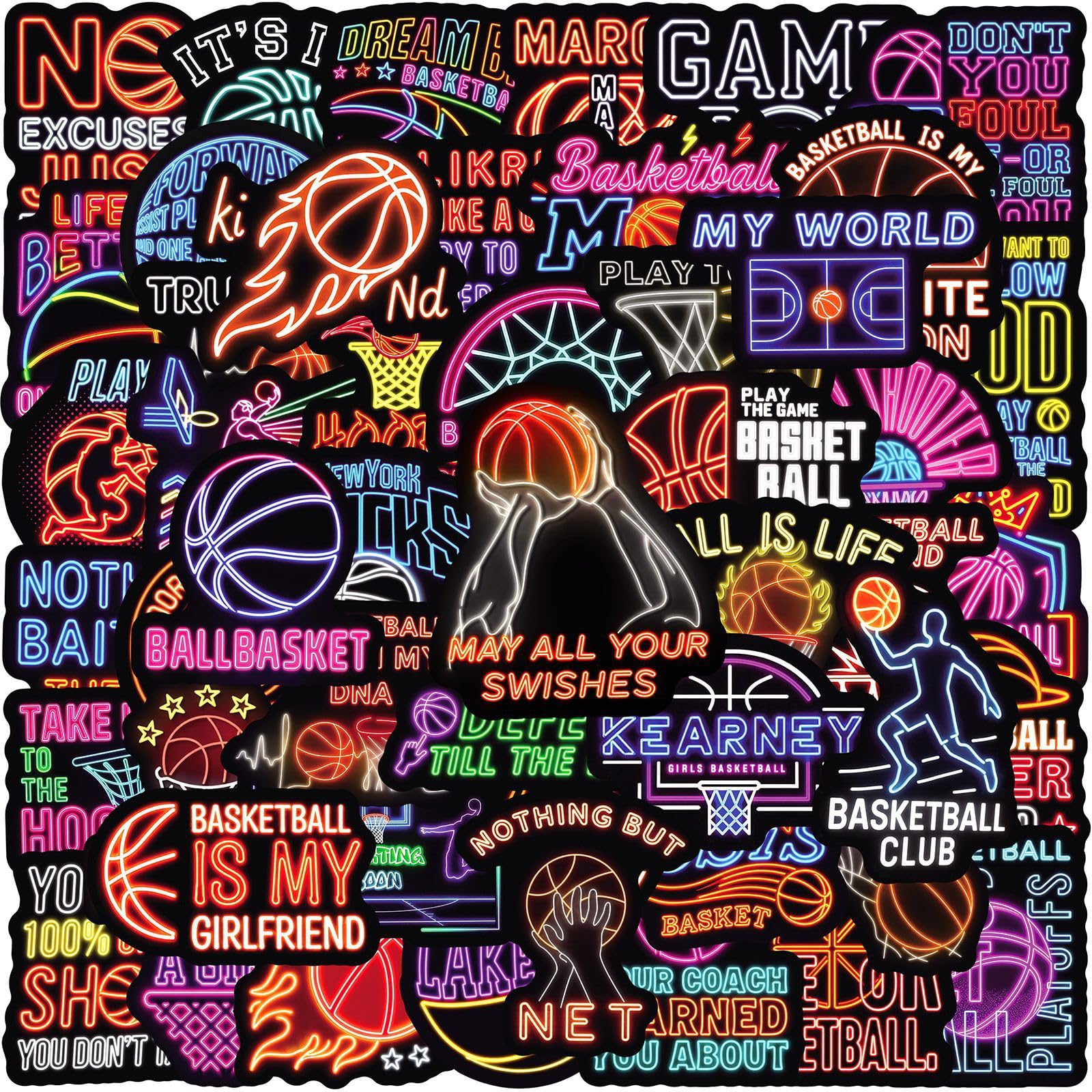 50Pcs Neon Basketball Stickers Sport Themed Vinyl Decals for Laptops Skateboards Luggage Helmets Bikes and Phones Fans Lovers and Game Vibe Enthusiasts