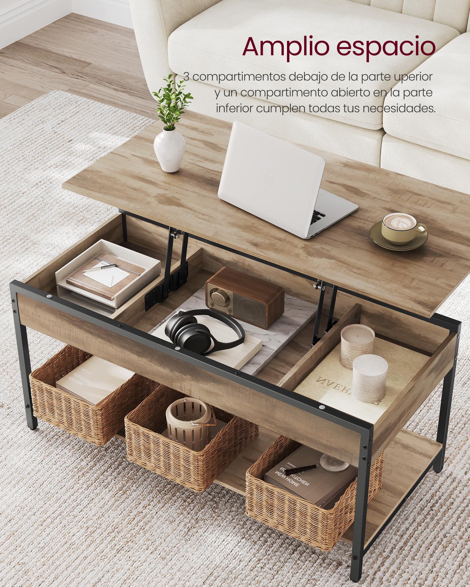 VASAGLE Mesa de Centro Elevable, Mesa de Salón con Almacenamiento Abierto y Compartimentos Ocultos, 50 x 100 cm, Marrón Camello y Negro Tinta LCT261LB02