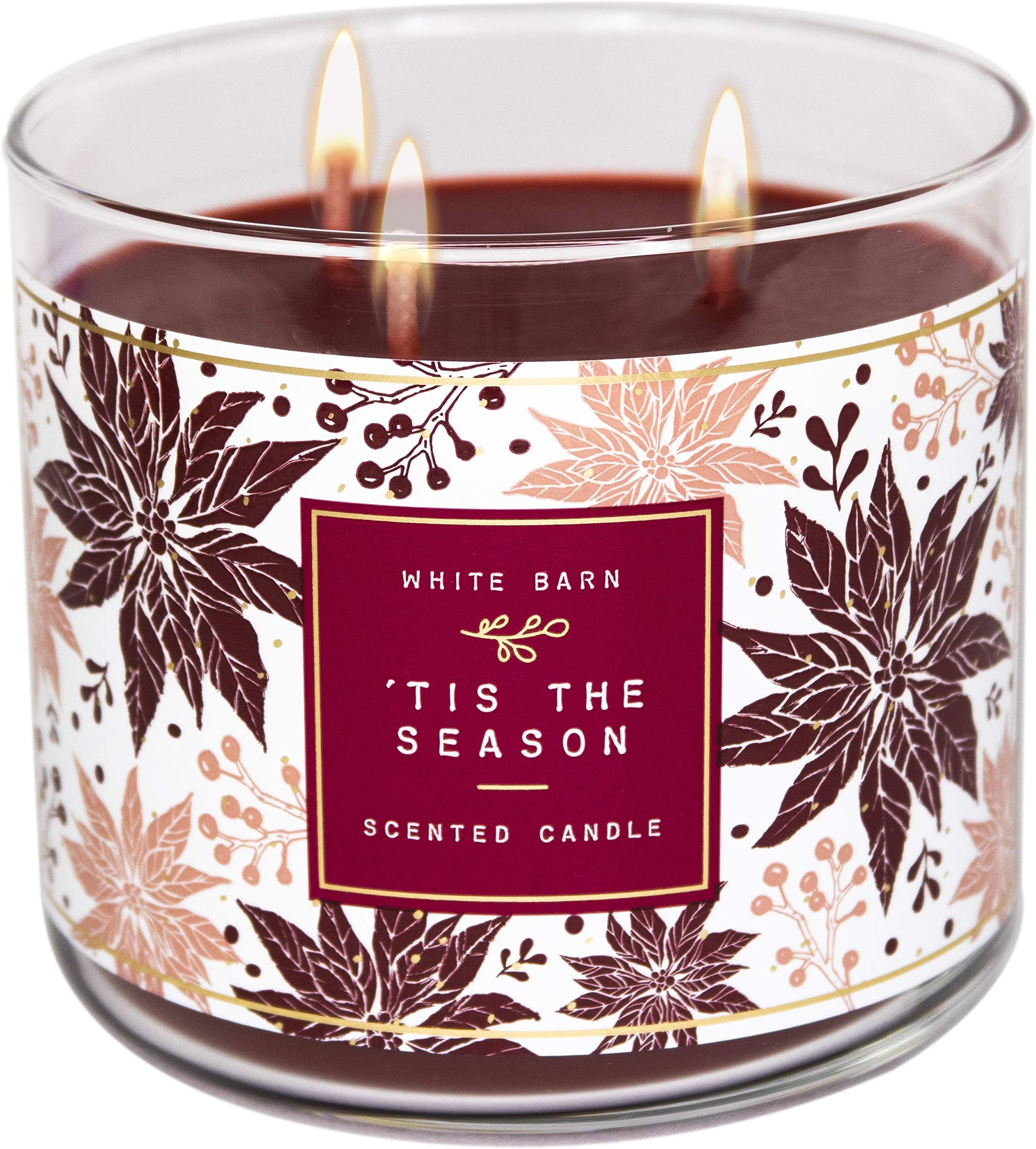 White Barn3-Wick Candle w/Essential Oils - 14.5 oz - 2020 Holidays Scents! (‘Tis The Season),Burgundy Soy Wax,White and Burgundy Leaf Jar Print,Gold Lid,Transparent Glass
