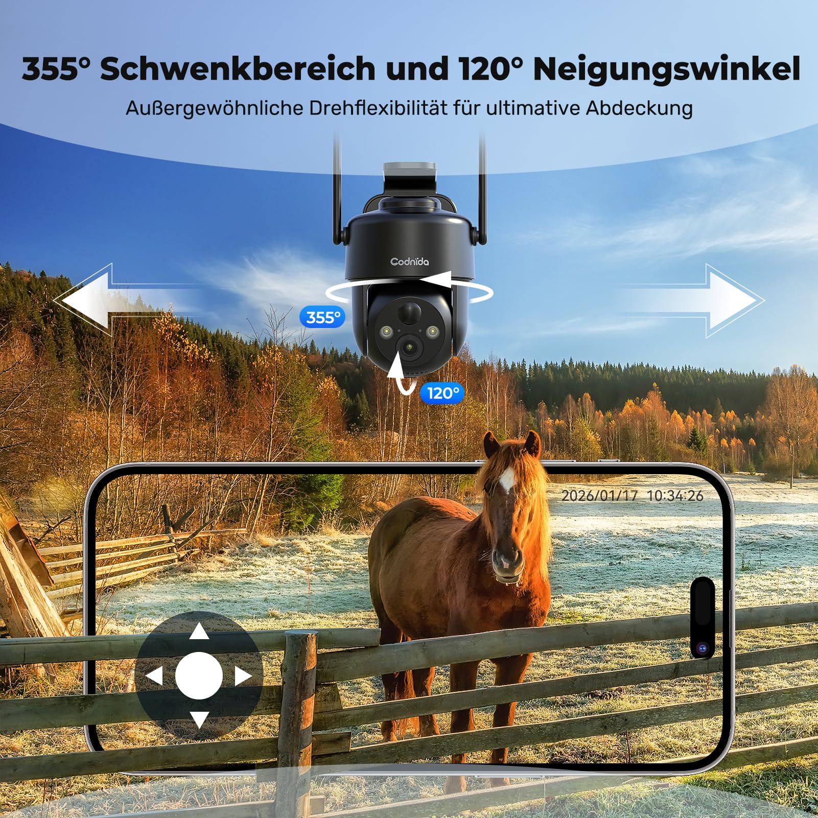 Codnida 4G LTE Überwachungskamera Aussen mit SIM Karte,3MP HD, 9000mAh Akku, Zwei-Wege-Audio, PIR-Bewegungserkennung, IP65 Wetterfest, Nur 4G-Verbindung