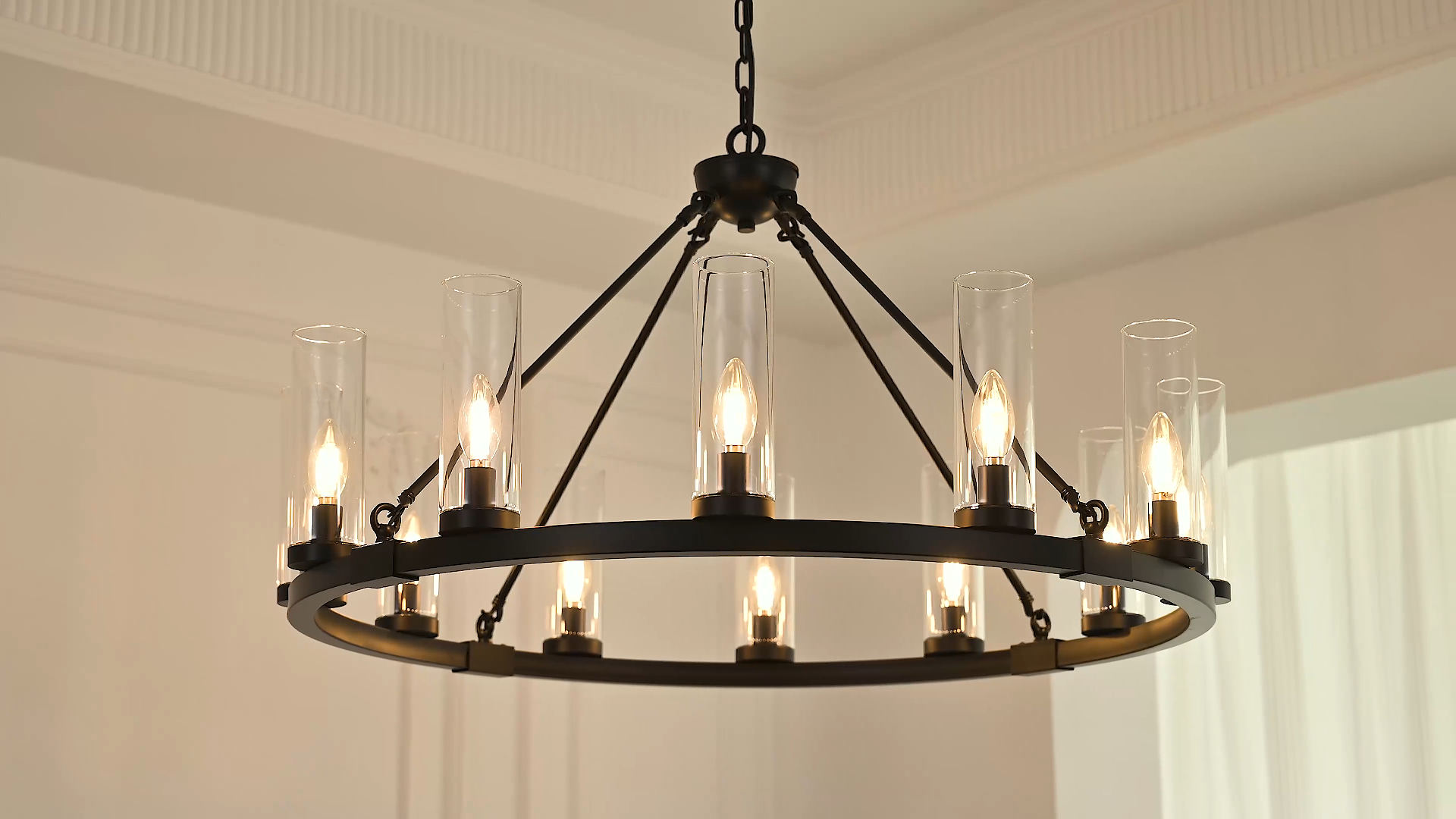 Image of 12 Light Black Chandelier Wagon Wheel Chandelier with Clear Glass Shade Round Industrial Pendant Lighting Fixture for Stair Living Room Foyer Kitchen