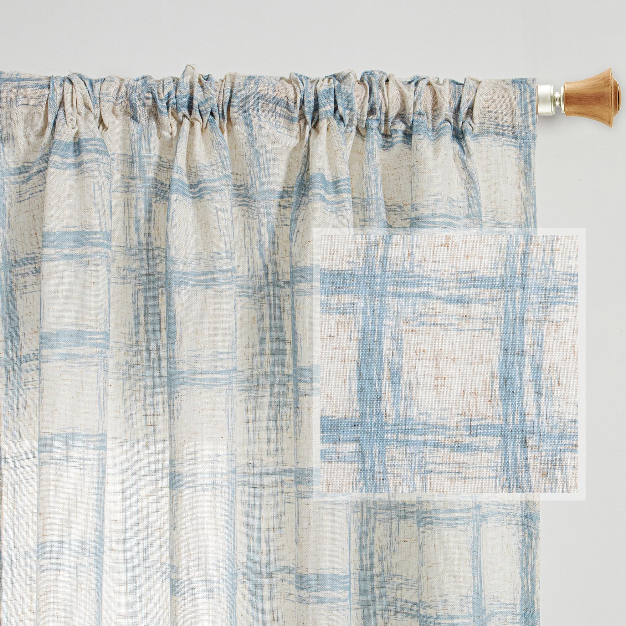 MYSKY HOME Short Curtains for Small Window, Sheer Curtains 63 Inch Length Light Filtering for Living Room, Plaid Window Curtain Drapes for Bedroom Nursery with Backtab Rod Pocket, 50"x63", Blue, 2 PCs