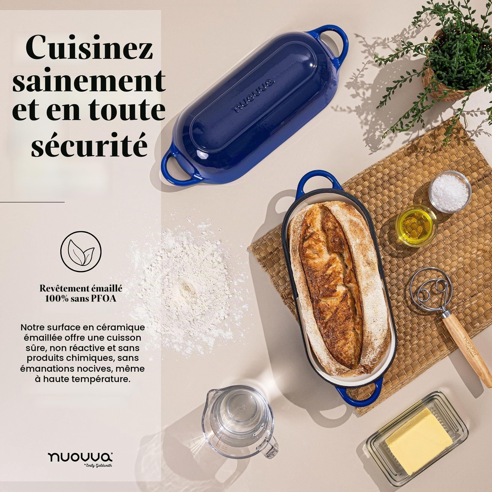 Casserole à pain en fonte émaillée - Cocotte pour la cuisson du pain au levain - Passe au four - Antiadhésive - Rectangulaire - Bleu foncé - 32 cm x 16 cm Nuovva