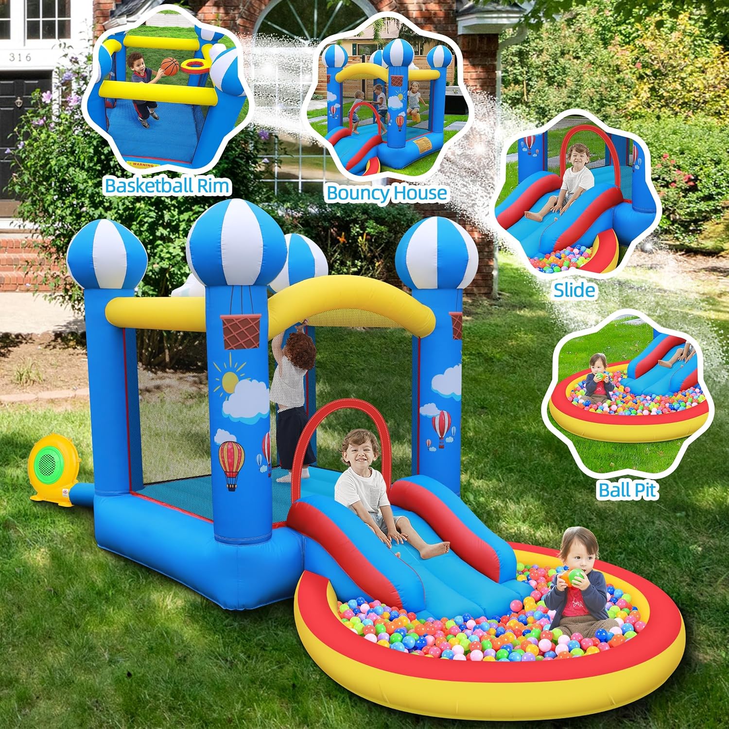 Culaluva Inflatable Bounce House: 4 in 1 Bouncy Castle with Ball Pit & Slide for Kids Age 3-6 with 370 Watt Blower and Storage Bag for Indoor Outdoor Play Oxford Cloth