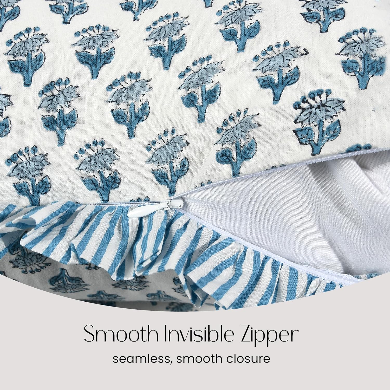 CPC Apatite Blue 100% Cotton Block Print Ruffle Sham Cover 14x36 inch, Handmade Boho Floral Pillowcase, Farmhouse Cottagecore Bedding, Soft Decorative Cushion Cover for Bedroom Décor - Image 3