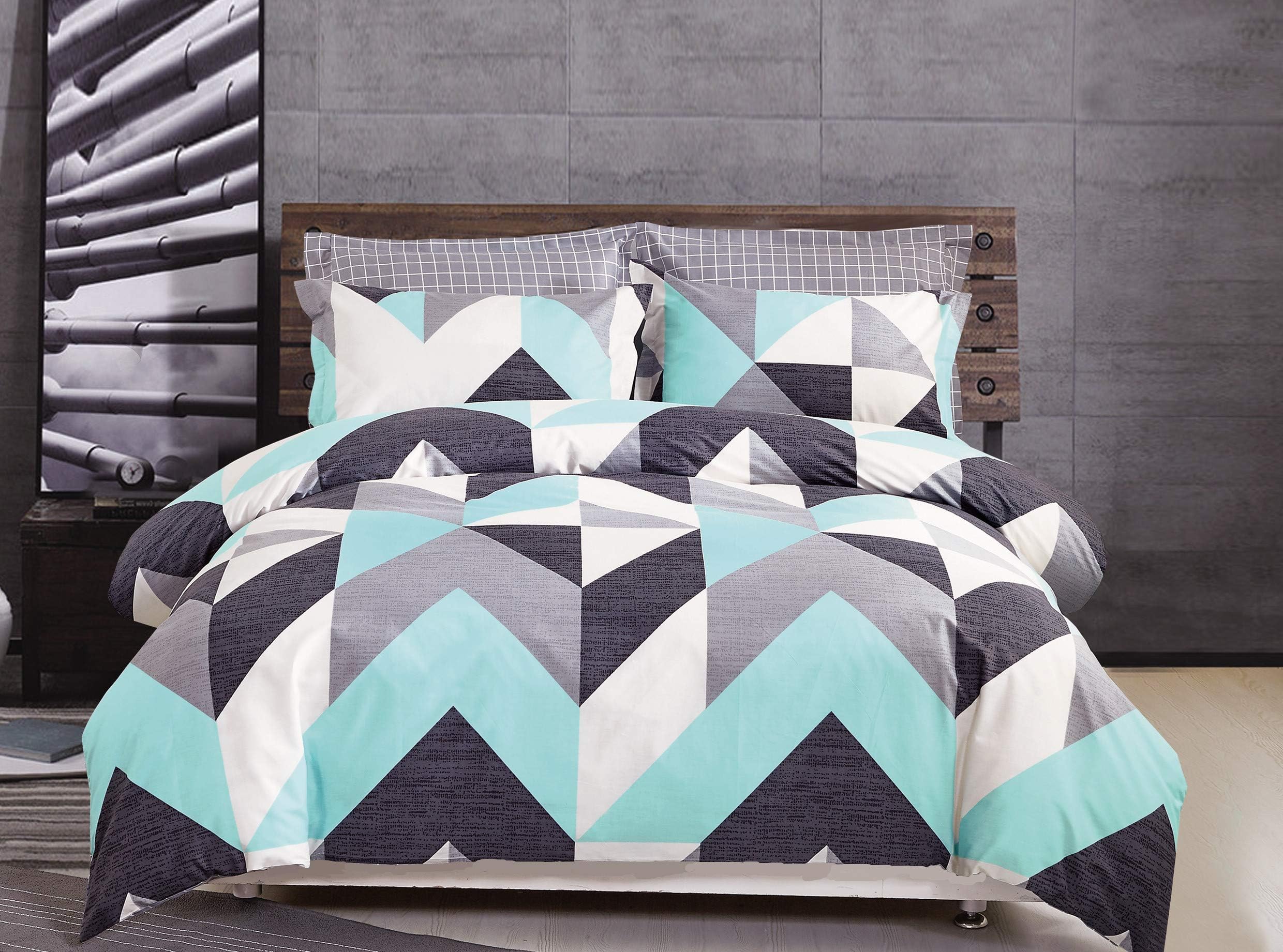 FADFAY Geometric Duvet Cover Set Queen Colorful Blue-Green Gray White Black Duvet Cover Set 100% Cotton Super Soft Hypoallergenic with Hidden Zipper Closure 3 Pieces Queen Size