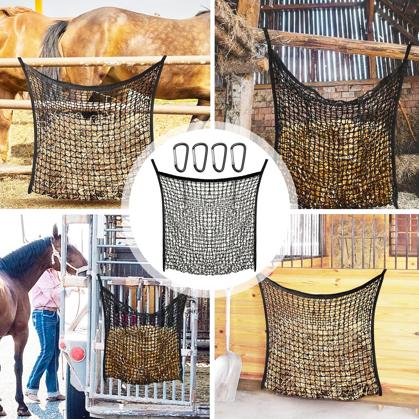 2 Piezas Redes Heno Para Caballos, 90X80 Cm, Red De Heno Grande Para Granja Con 4 Ganchos A PresióN Red De Heno De Malla Fina Negra Para Caballos Ganado Y Ovejas