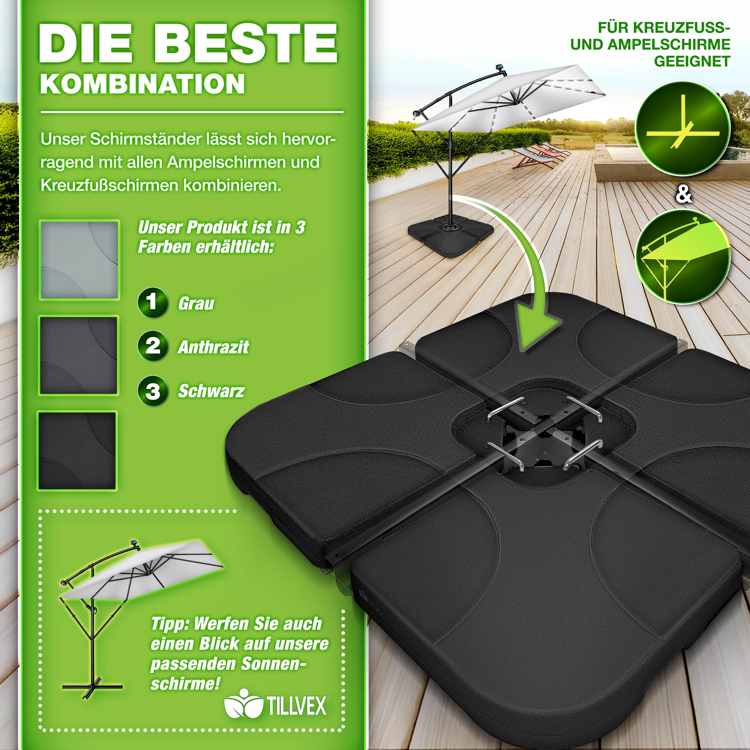 Artpuch Base Per Ombrellone A Sbalzo – 4 Piastre In Plastica HDPE – Riempibili Acqua/Sabbia – 80 Kg – Nero