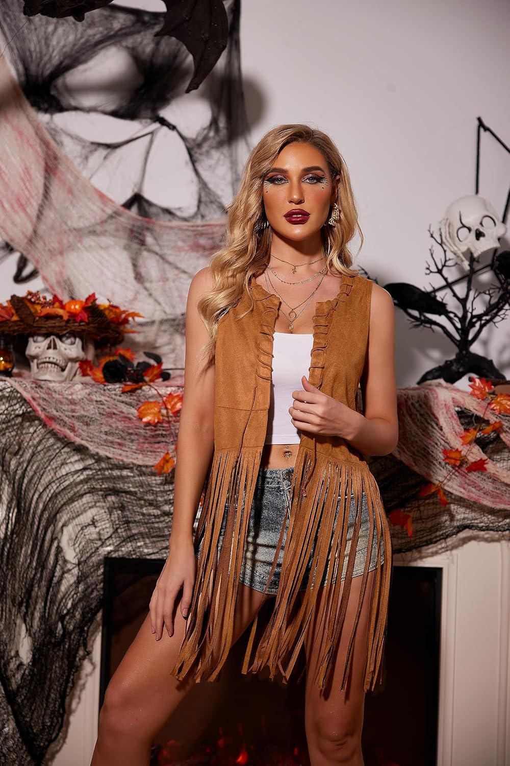 HOTOUCH Women Fringe Vest 70s Hippie Faux Suede Sleeveless Tassels Cardigan Cowgirl Western Tops - Image 4