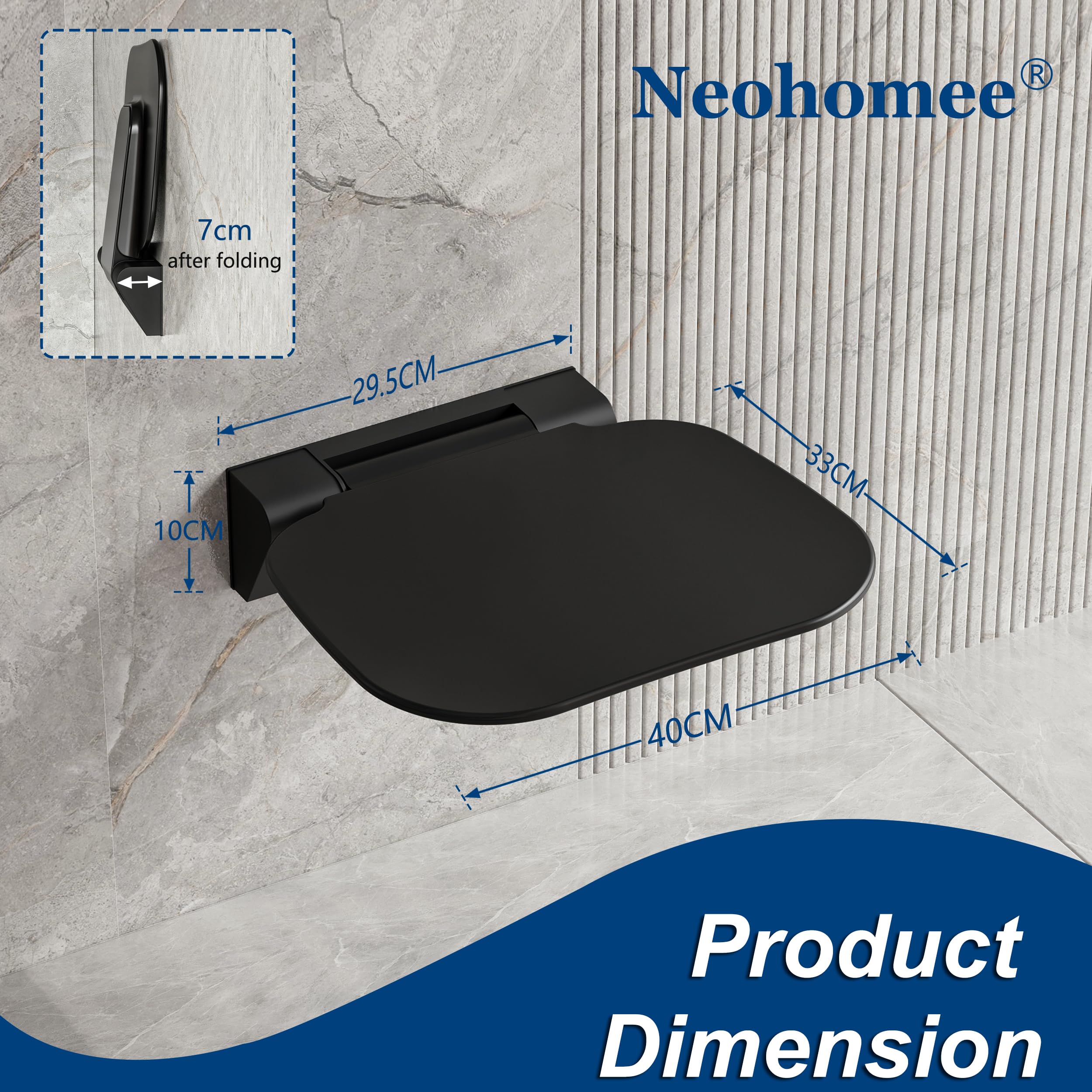 Duschsitz Klappbar Wandmontage, Klappbarer Duschstuhl bis 200 kg Belastbar mit UF Extrabreiter Duschsitz für Senioren, Rutschfester Duschhocker 40x40 cm, Schwarz