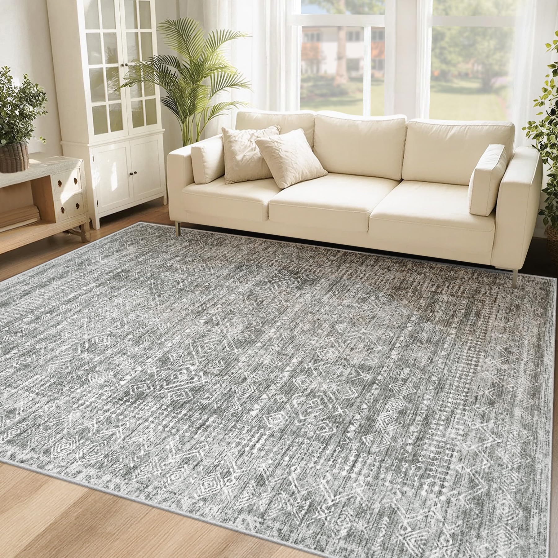 Washable Area Rug 5x7: Moroccan Rug for Living Room Geometric Boho Rug Farmhouse Non Slip Stain Resistant Rugs Low Pile Soft Carpet for Bedroom Dining Room Home Office Children Room (Grey,5x7)