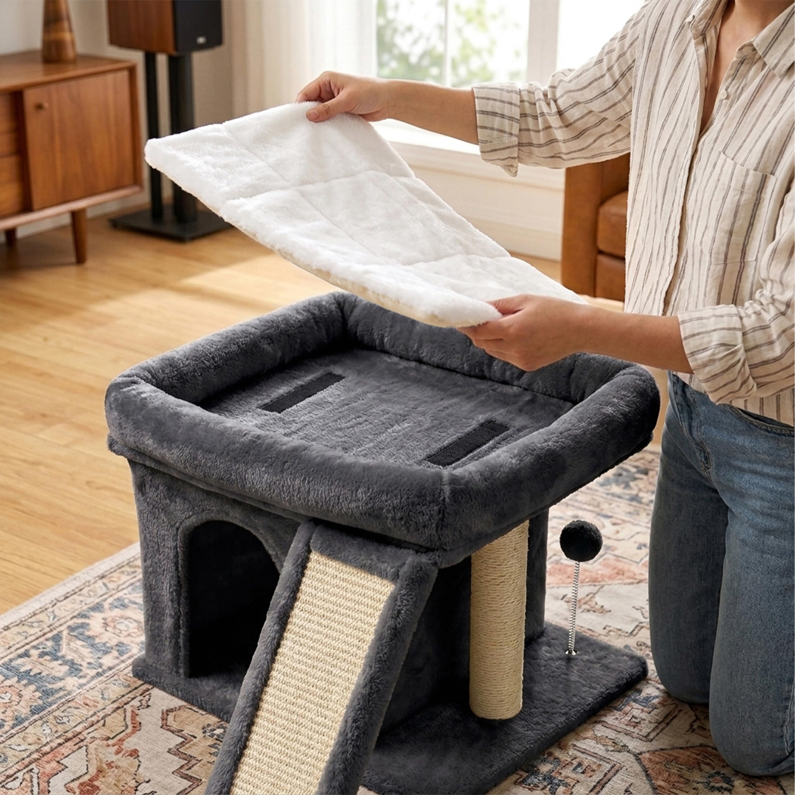 Relaxdays Arbre à Chat avec Niche, griffoir et Plate-Forme, Gris foncé | niche moelleuse pour chat, H x l x P : 38,5 x 54 x 45 cm, sisal