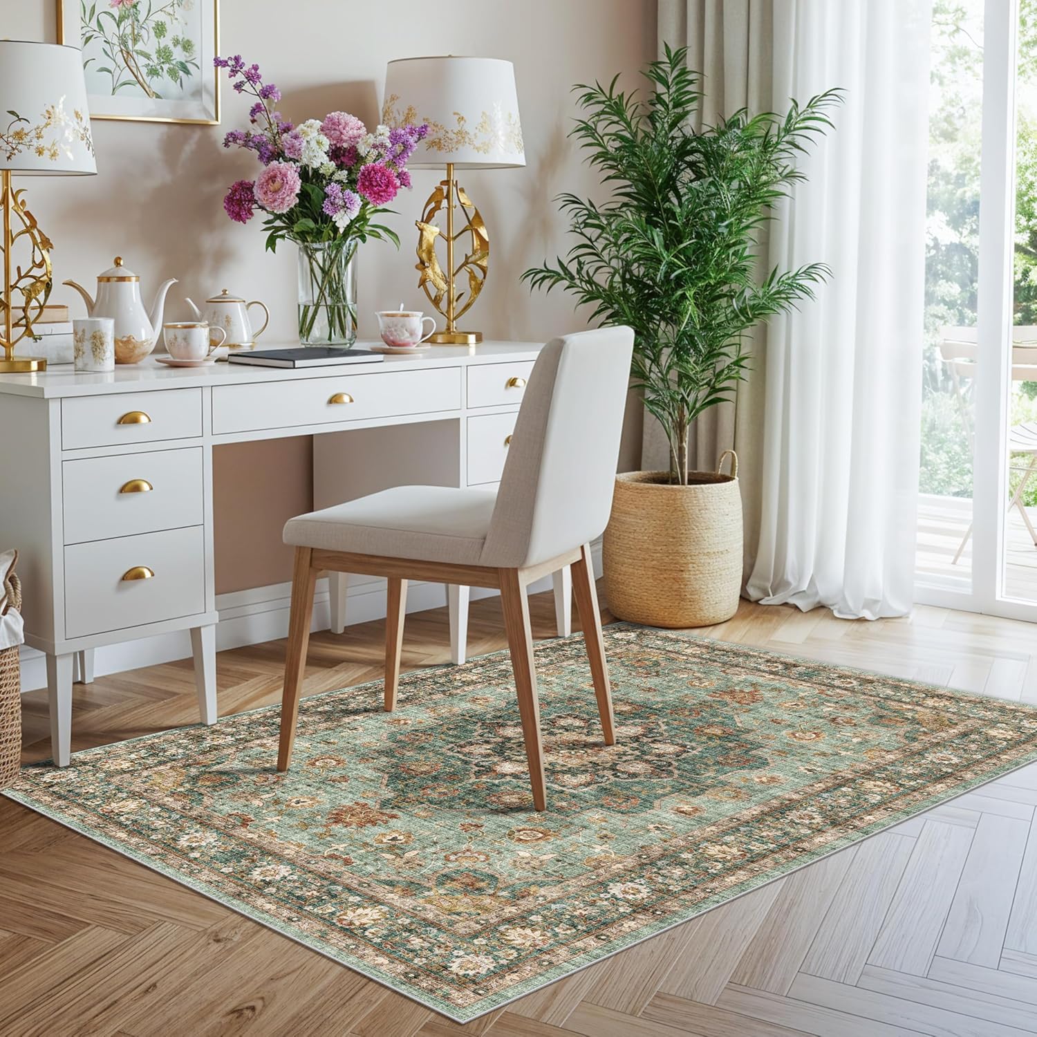 TOPRUUG Green Entryway 3x4 Rug - Washable Area Rugs for Kitchen Bathroom Non-Slip Ultra-Thin Indoor Door Mat Indoor Entrance - Stain Resistant Small Throw Carpet (Green, 3X4)