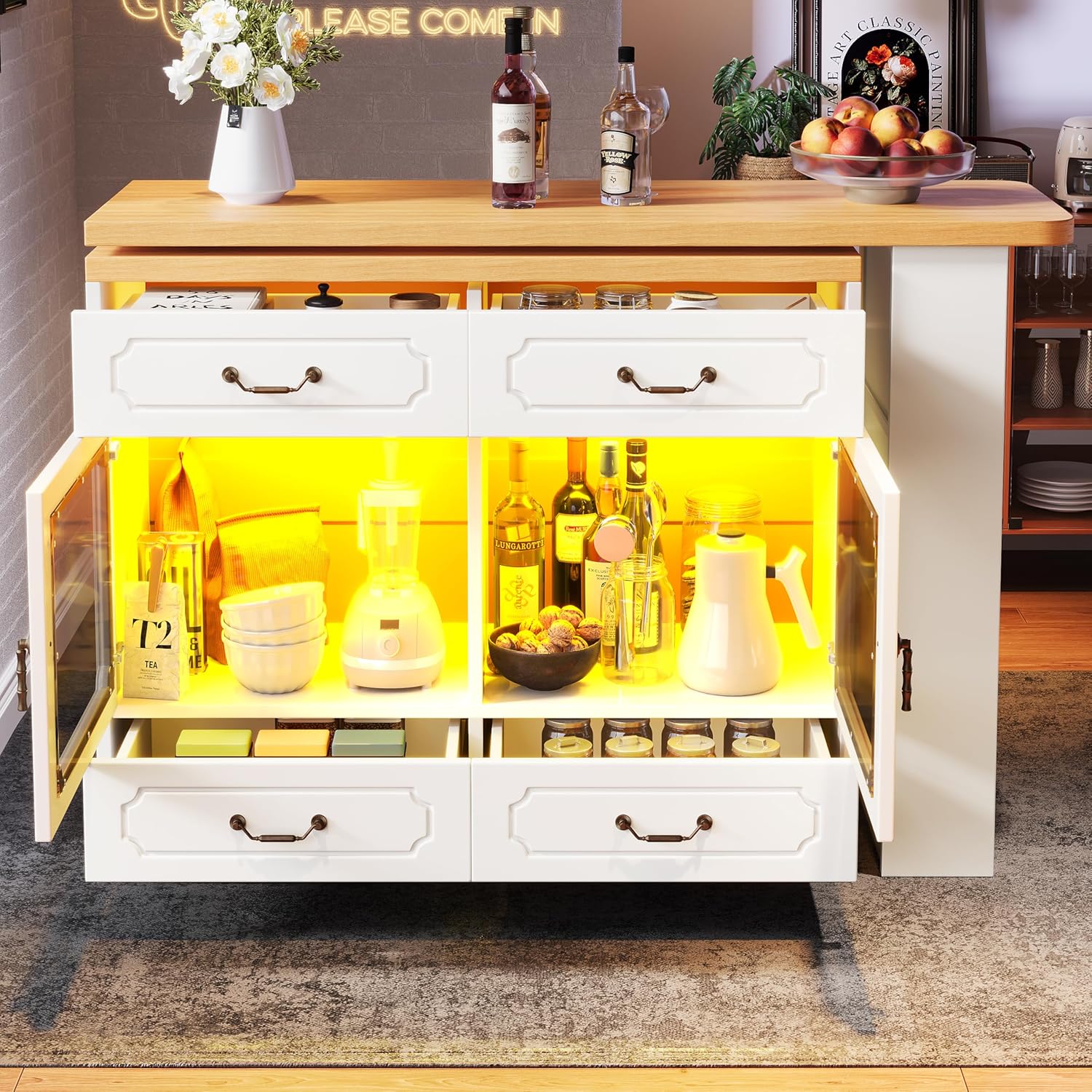 The Azkoeesy 360° Swivel Bar Table with its drawers and glass doors open, revealing the internal storage compartments and the illuminated interior.