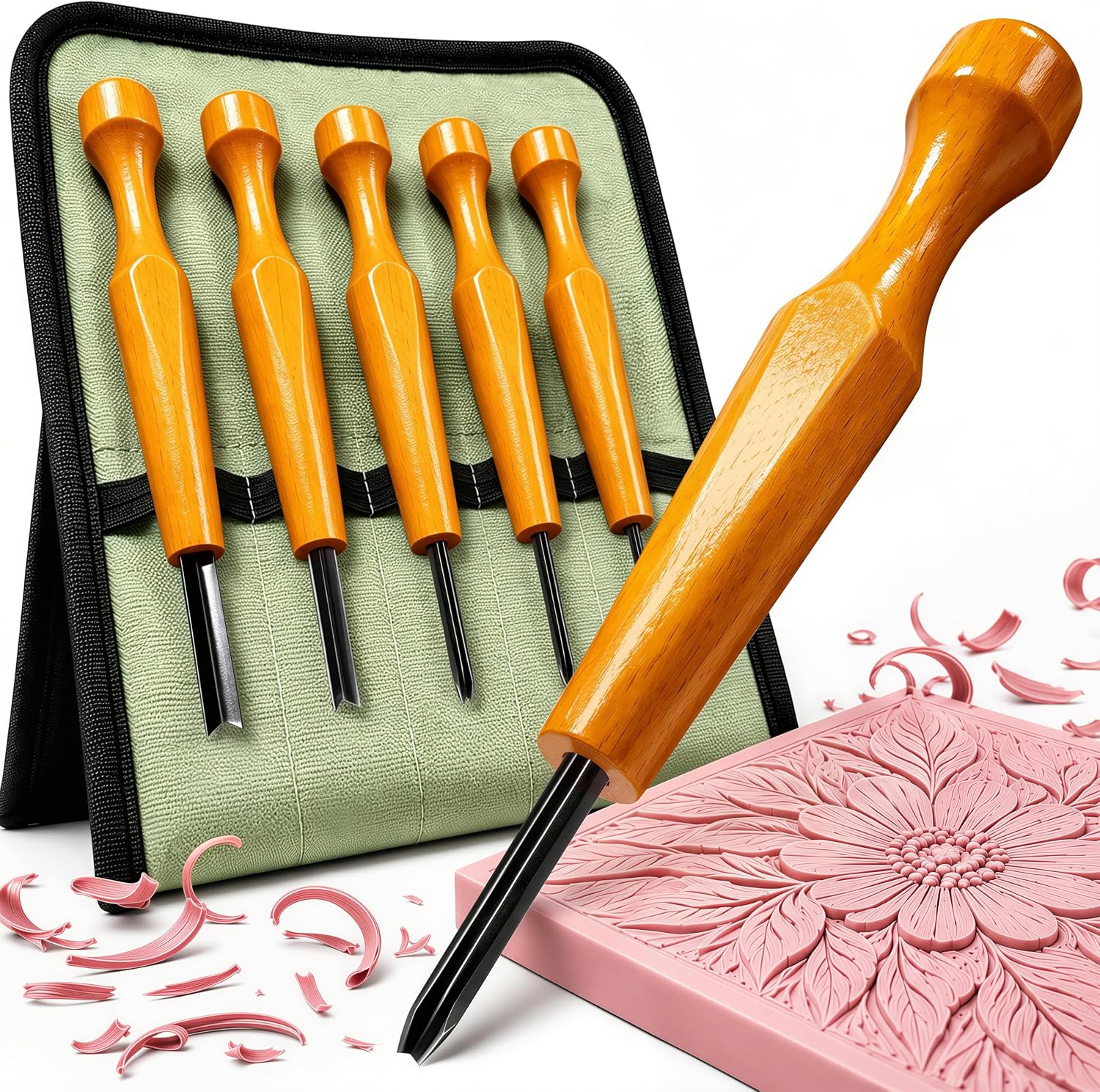 Linocut Carving Tools Set 5 Pcs: Linoleum Cutter V-Shaped Gouge Chisels