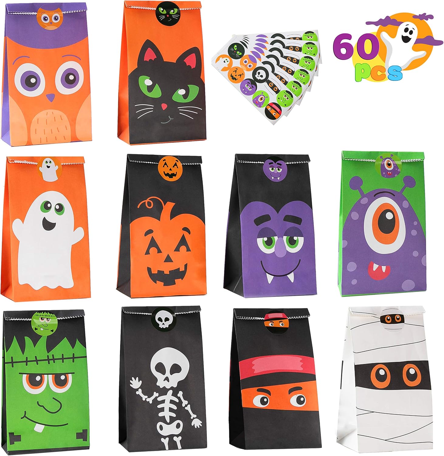 JOYIN 60 PCs Halloween Characters Paper Treat Bags, Trick or Treat Goodie Bags, Candy Bags with Stickers for Halloween Party Favor Supplies