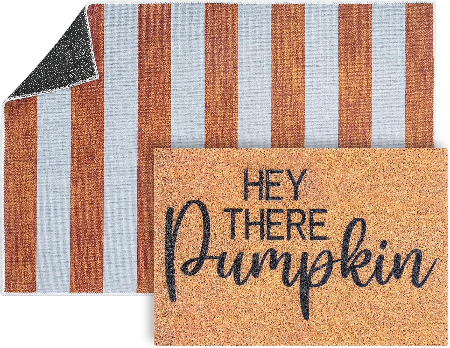 2 Pcs Fall Doormat Hey There Pumpkin Door Mat Fall Non Slip Coir Mats Floor Striped Rug Layering Doormats Seasonal for Thanksgiving Autumn Doormats Front Porch Entryway Decor 23.6 x 31.5 Inch
