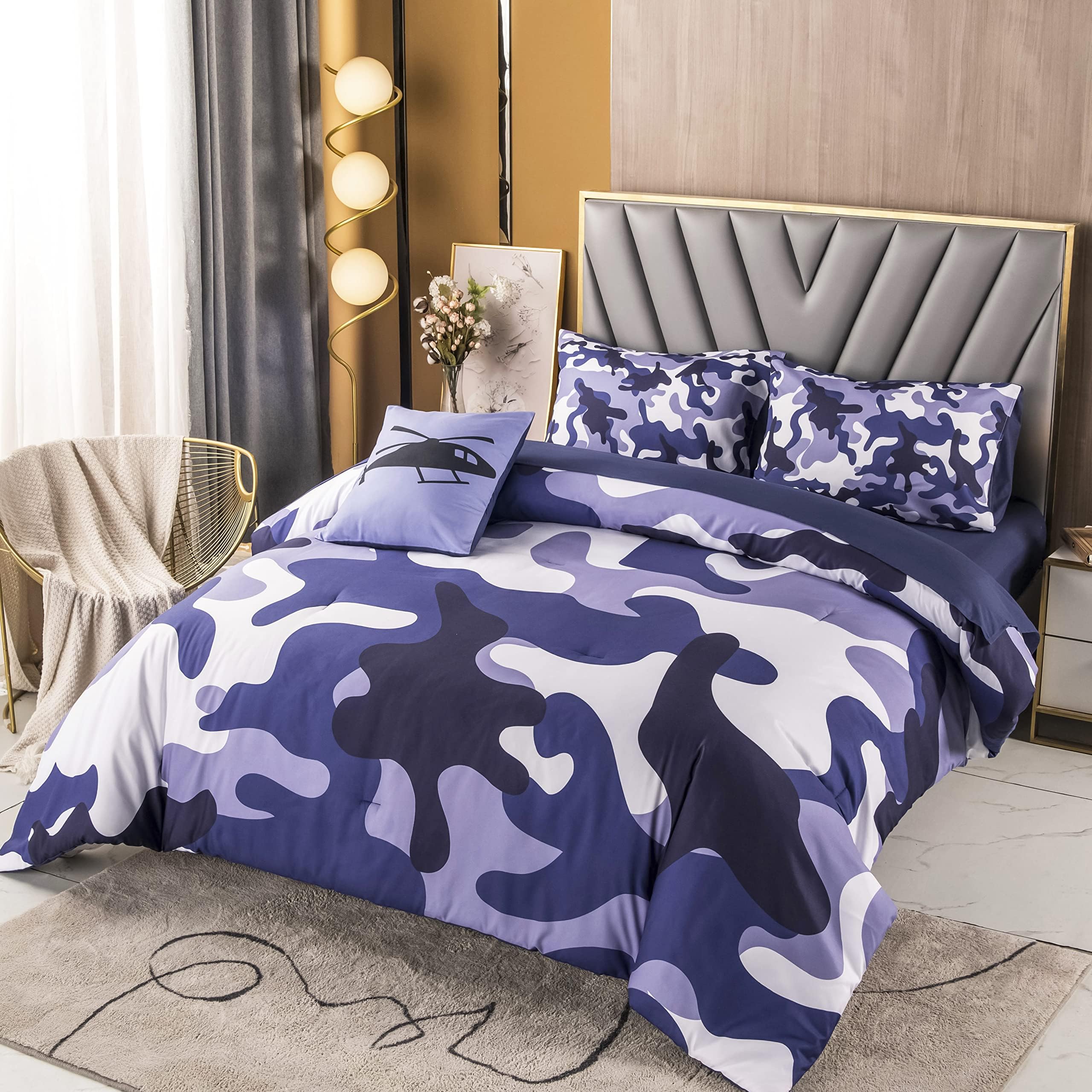 PERFEMET 6 Pcs Blue Camo Comforter Set Twin Bed in A Bag, Farmhouse Camouflage Army Bedding Sets with Sheets for Boys, Ultra Soft Lightweight Comforter Duvet Set (Twin,Blue)