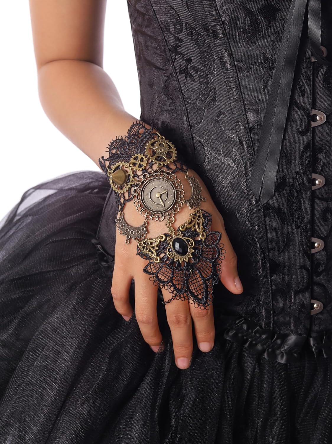 Sacina Black Floral Fingerless Gloves, Victorian Steampunk Wristband, Gothic Vintage Accessories for Women - Image 2