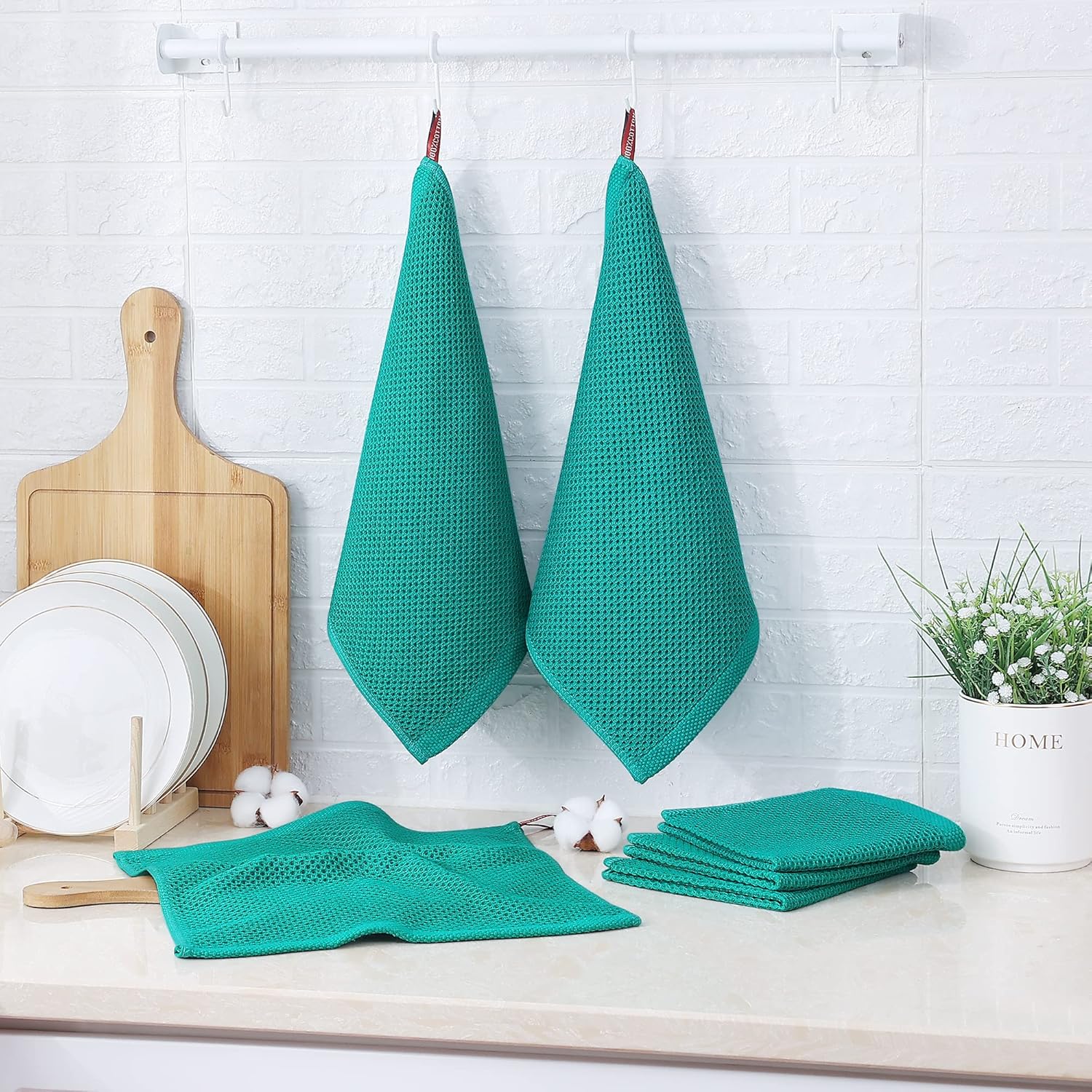 Kitinjoy 100% Cotton Kitchen Dish Cloths (12 X 12 Inches, Teal), 6 Pack Waffle Weave Ultra Soft Absorbent Dish Towels for Drying Dishes Quick Drying Kitchen Towels Dish Rags - Image 6
