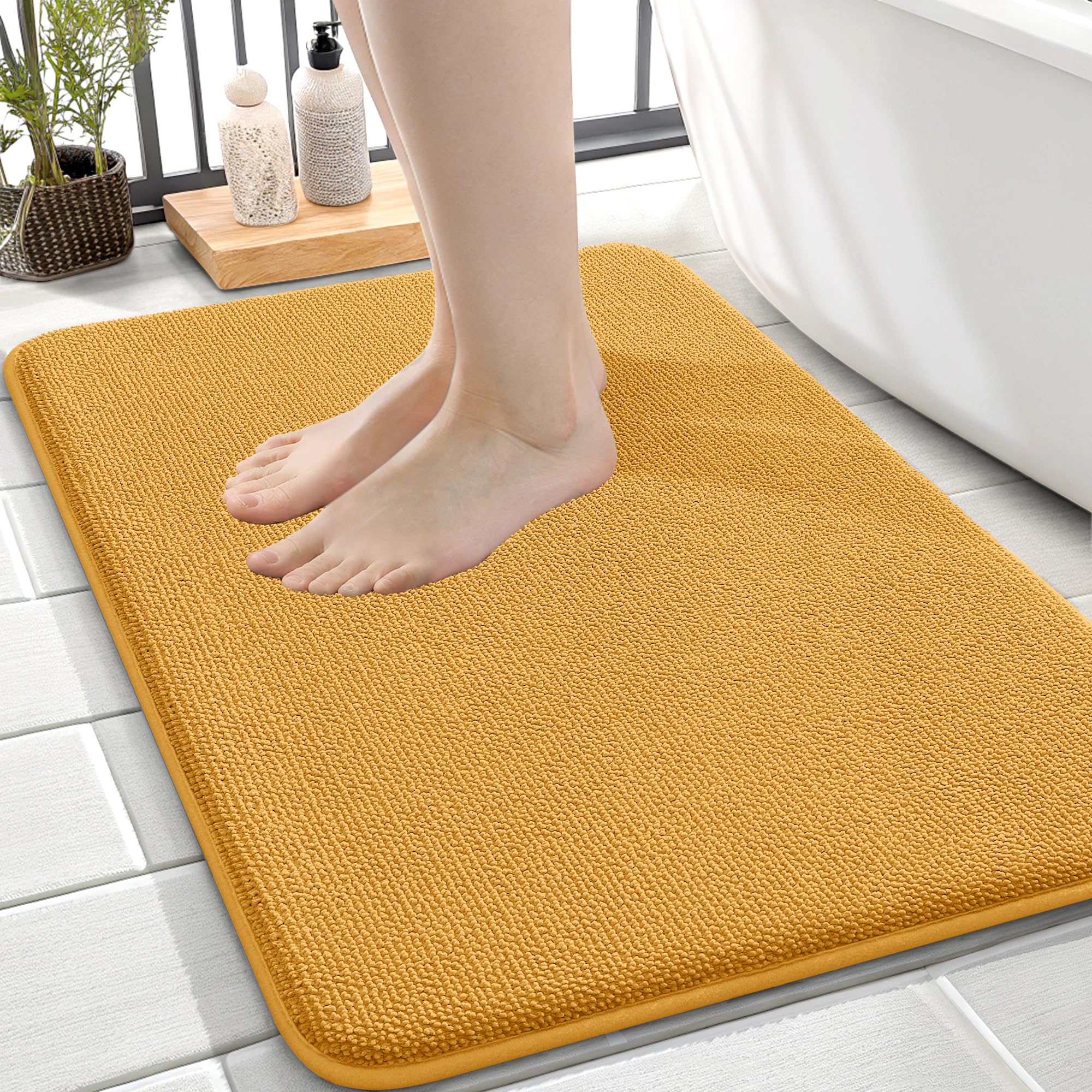 OLANLY Memory Foam Small Bathroom Rugs 24x16, Absorbent Mat, Golden Yellow