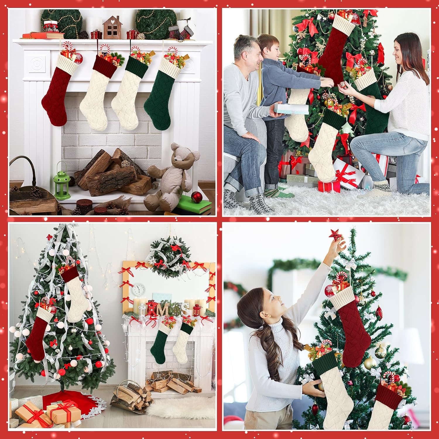 4Pcs Christmas Stockings, 18” Premium Large Knitted Christmas Stockings for Family, Holiday and Fireplace Party Decoration Red Green White
