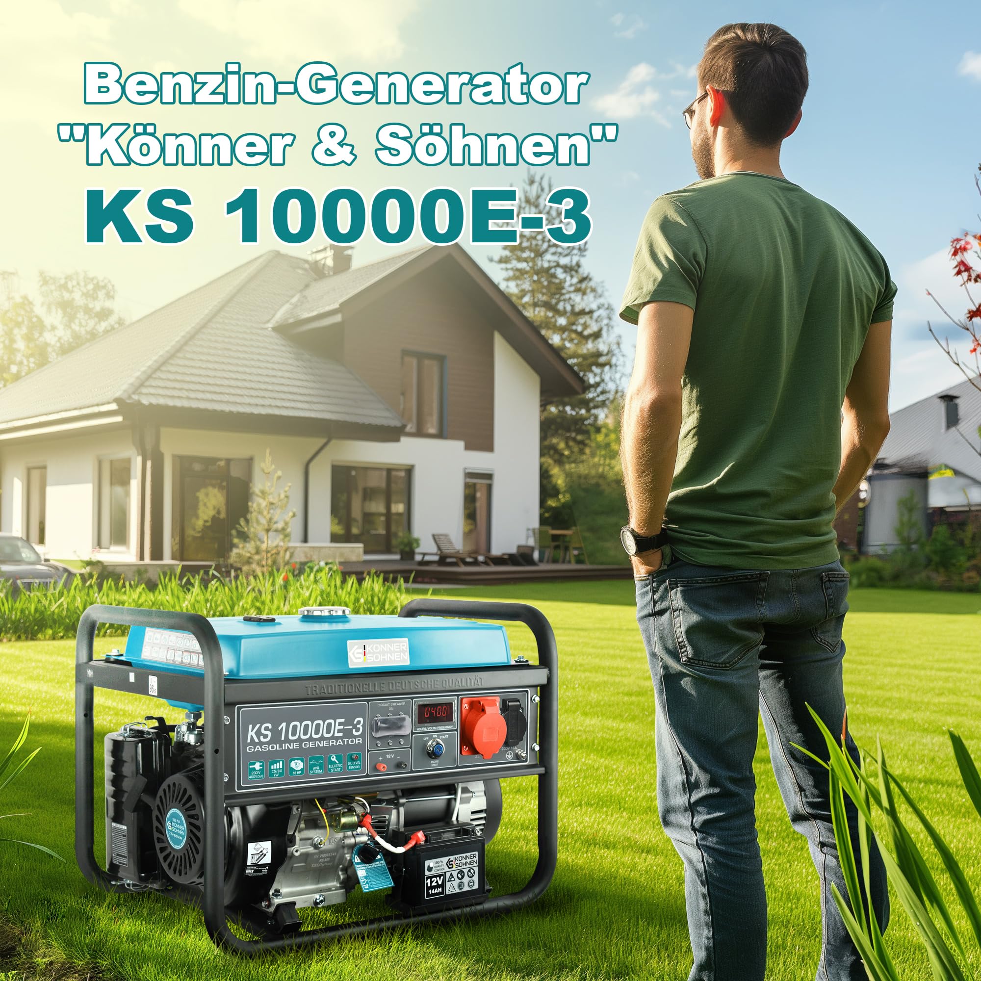 Könner & Söhnen KS 10000E-3 Stromerzeuger, 18 PS 4-Takt Benzinmotor, E-Start, Automatischer Spannungsregler, Anzeige, 1x16A (400V), 1x16A (230V) Generator…