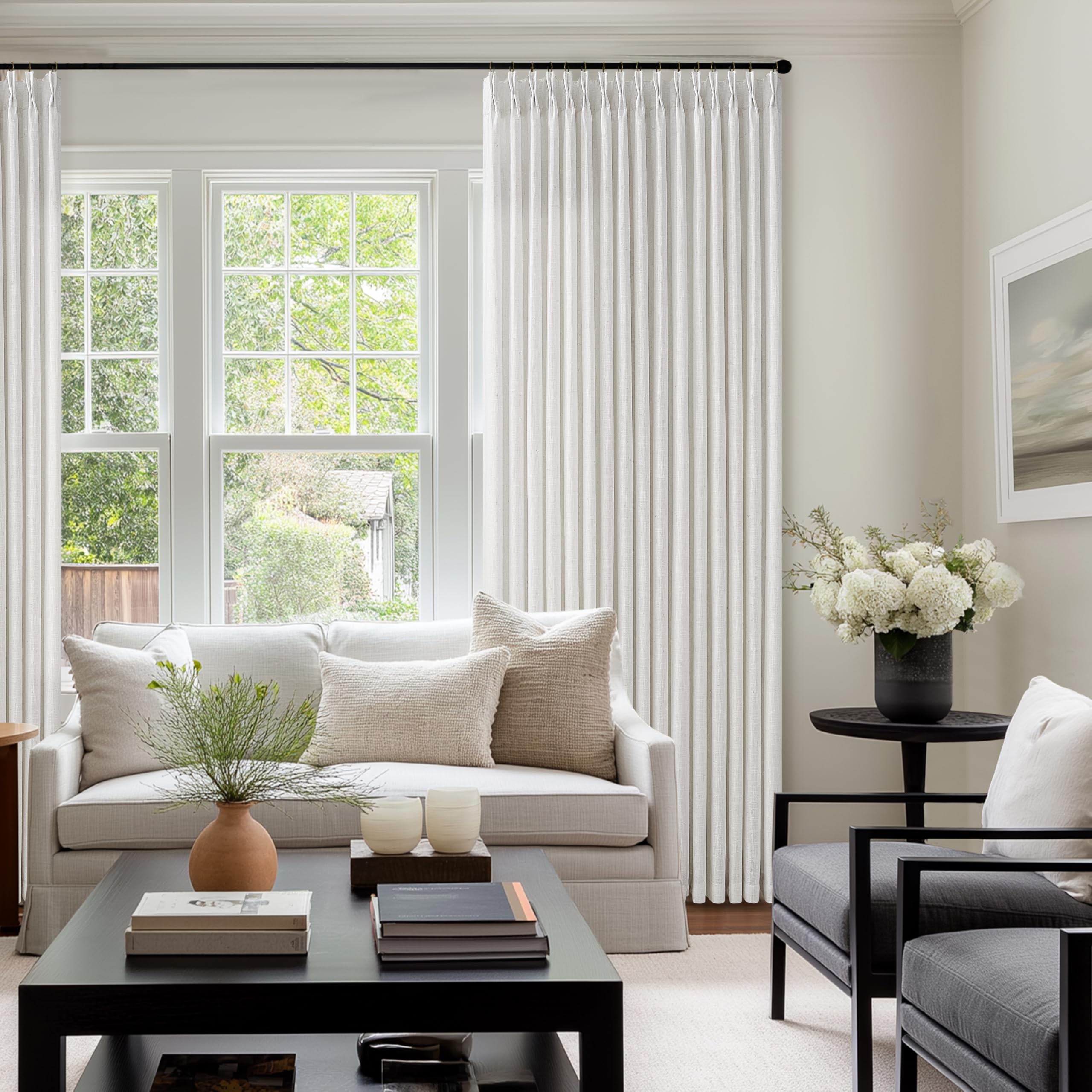 Photo 1 of 100 Inch Light Filtering Curtains for Sliding Glass Doors 2 Panels Set Pinch Pleated for Track System Farmhouse Boho Beige White Linen Curtain Privacy Semi Sheer Viral Window Drapes for Dining Room