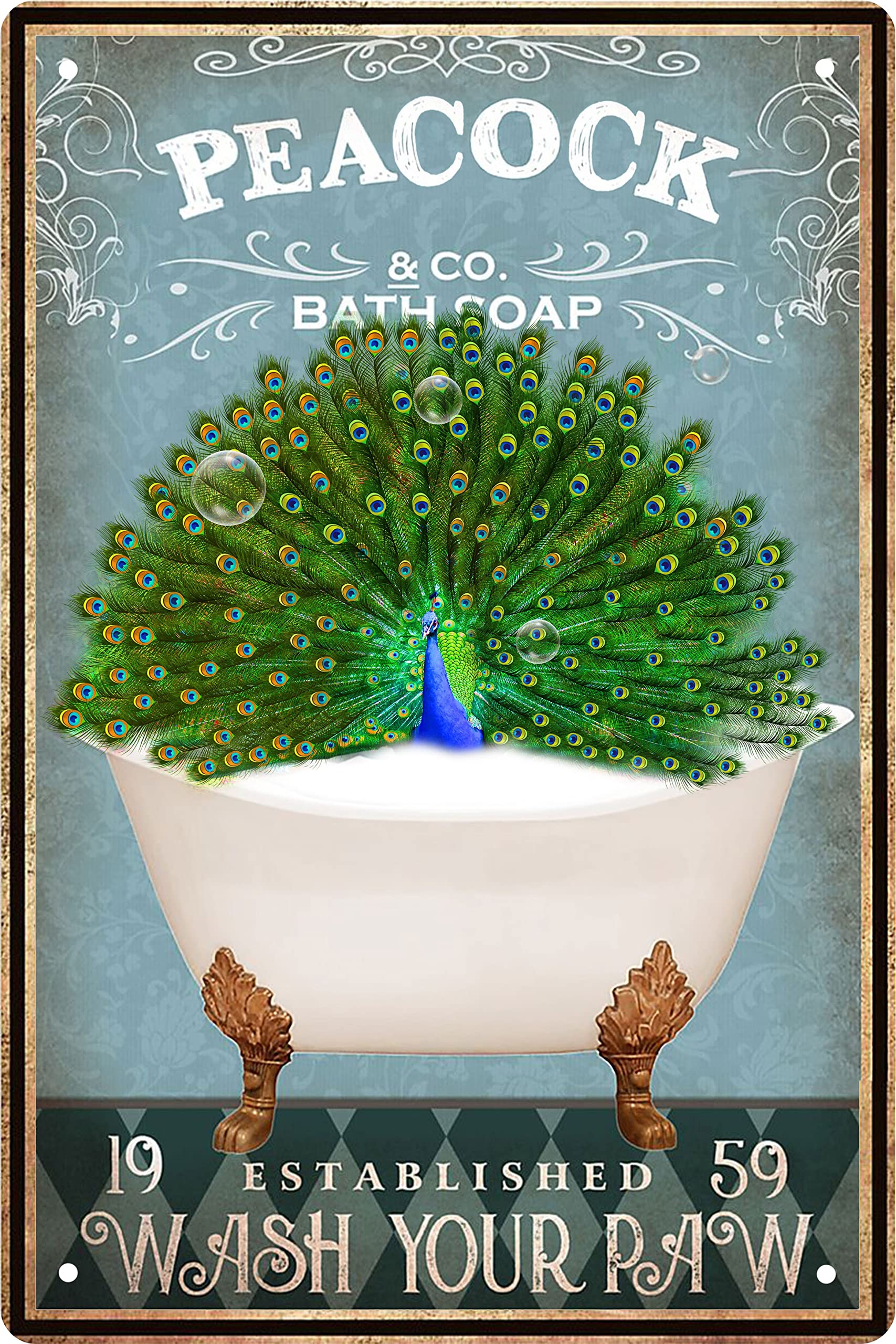 Funny Peacock Decor Vintage Bathroom and Bathtub Metal Tin Sign Decor Bear Pet lovers Gift Farm Home Bar Bathroom Man Cave Retro Wall Art Poster Sign Accessories 8x12 In