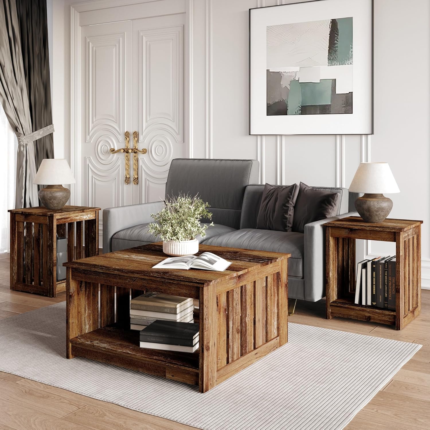 HOME DESIGN Nashua 3 Piece Coffee Table Set for Living Room, Rustic Farmhouse Style, Slatted Side Panels, Open Shelf Storage, Easy Assembly, Vintage Oak Finish