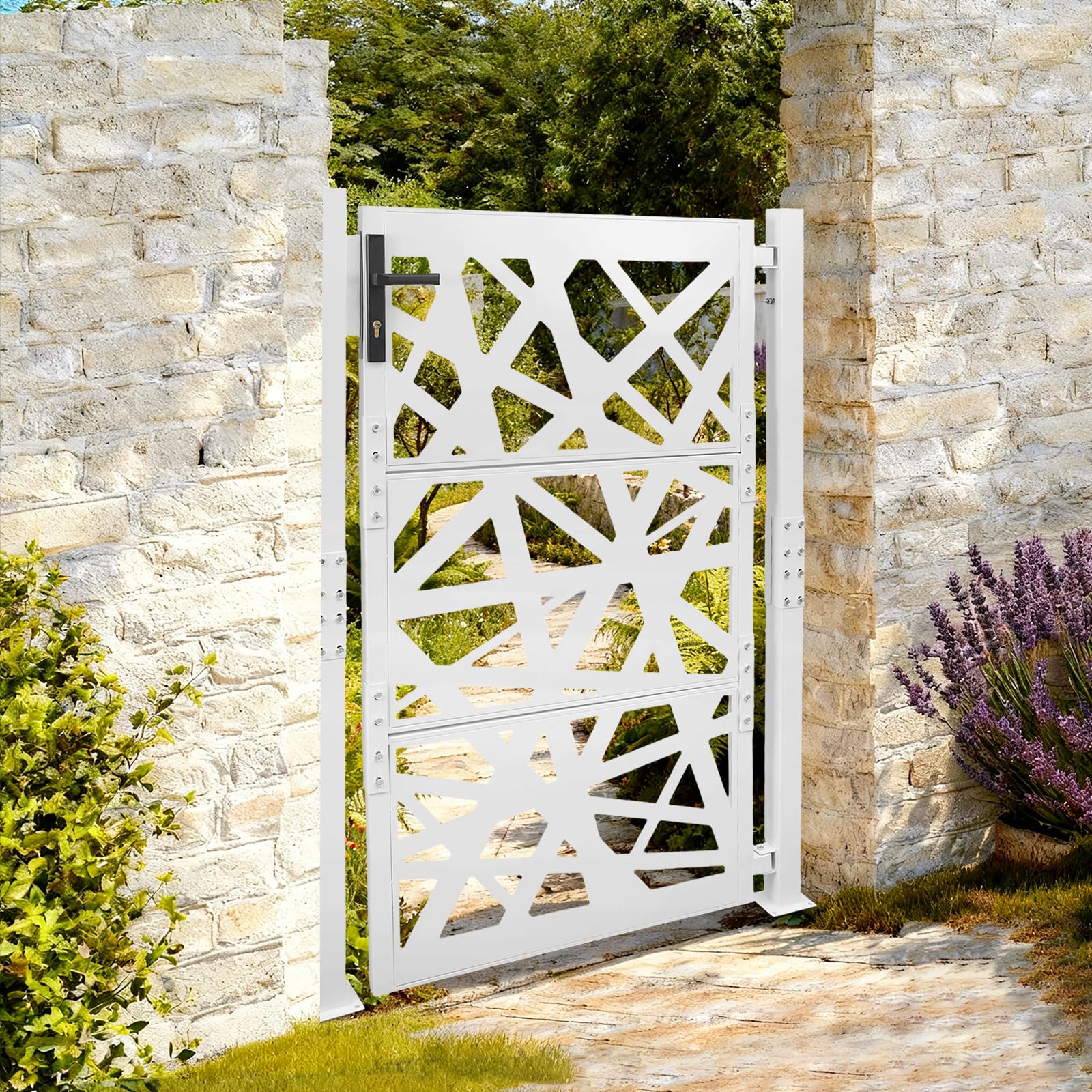 Cancello da giardino in acciaio, con serratura a chiave, in metallo, per giardino, cortili, terrazze (bianco, 105 x 150 cm)