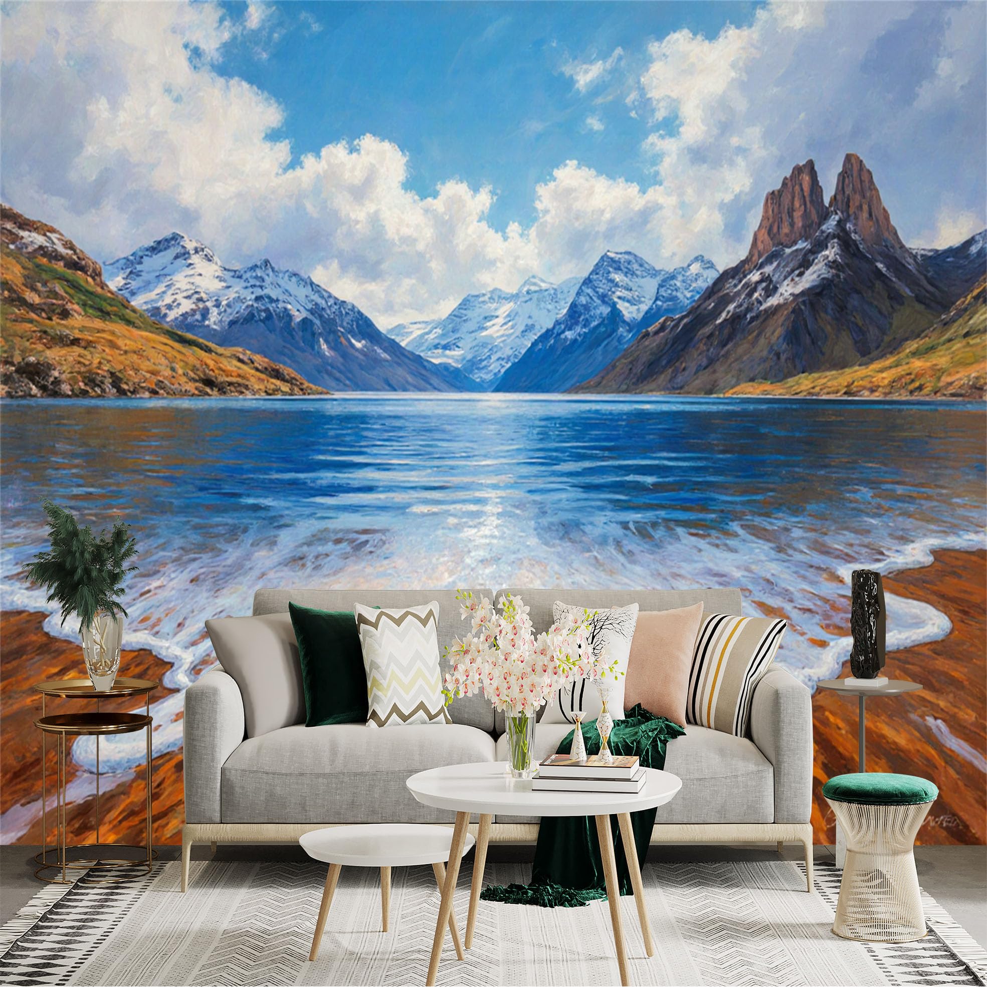 Custom Size Wall Sticker Mural， Scenic Mountain Lake Landscape， Majestic Snowy Peaks， Serene Blue Waters， Sunny Clouds， for wall Decoration， peelandstick wall Decals.