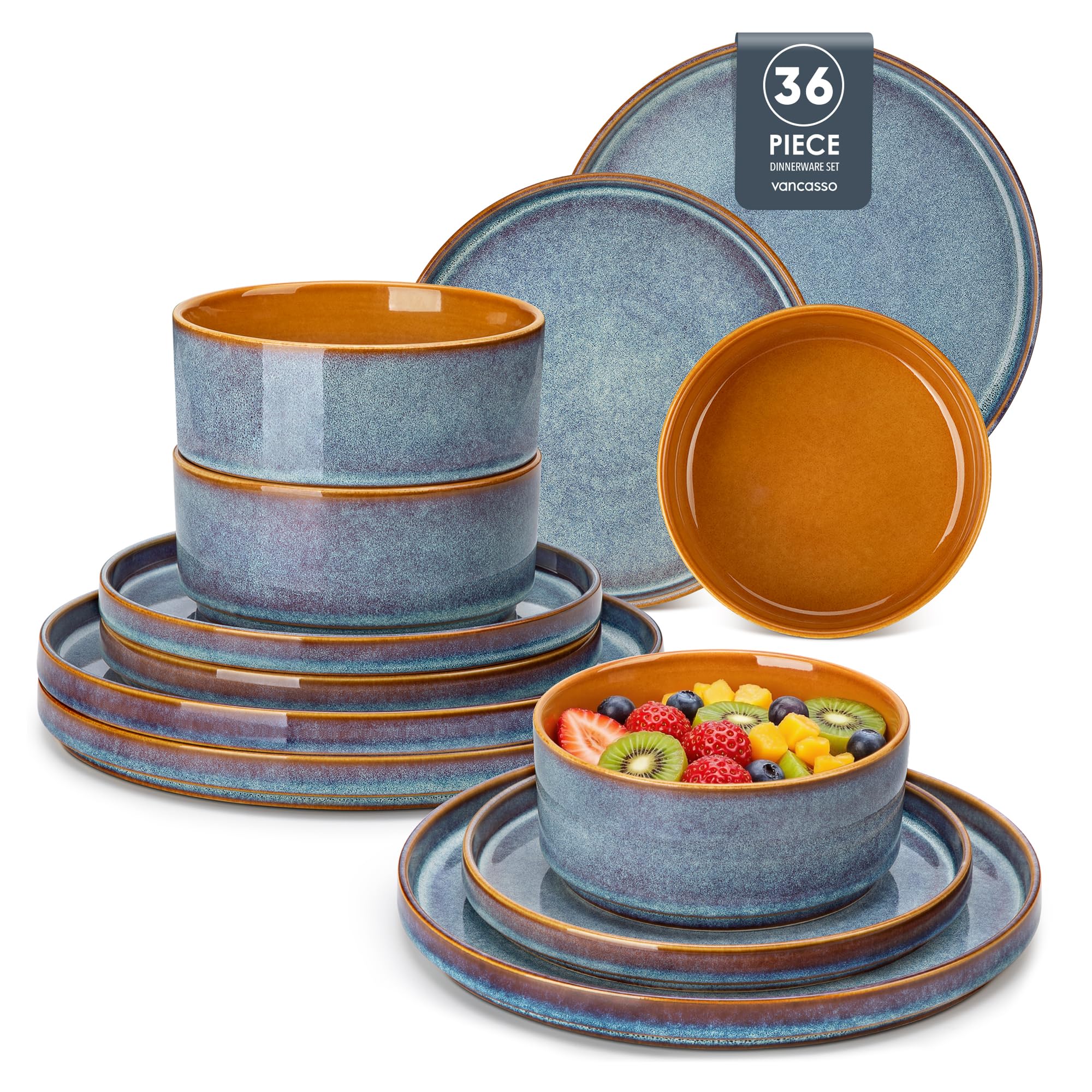 vancasso Geschirrset 12 Personen, 36-tlg Steingut Teller Set, Geschirr Blau, Tafelservice mit Speiseteller, Salatteller und Schüsseln - Galaxie-inspiriertes Design, ONION Serie