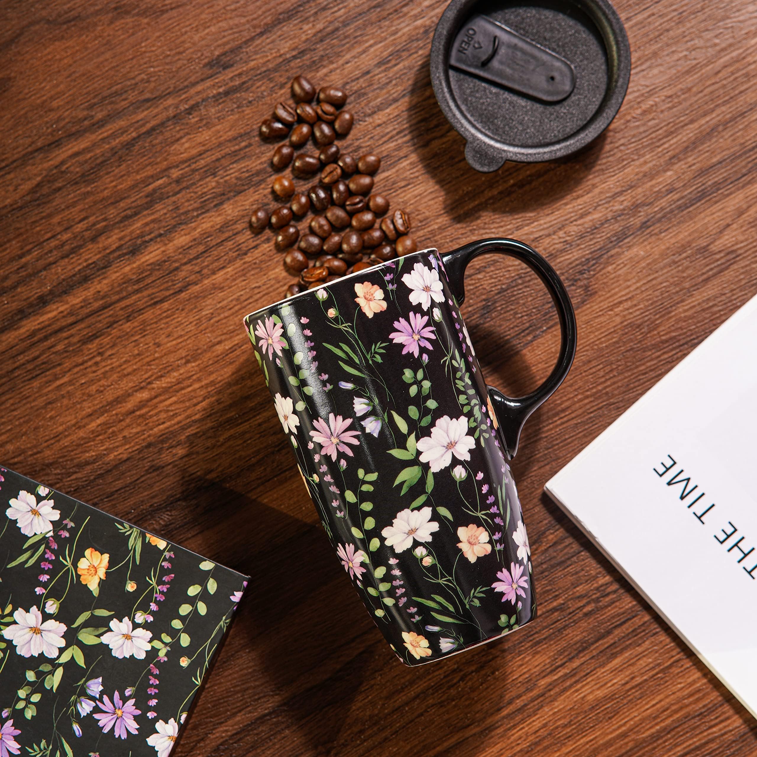 Topadorn Ceramic Mug with Gift Box Coffee Mug Latte Cup with Lid and Handle,17oz. Black - Image 2